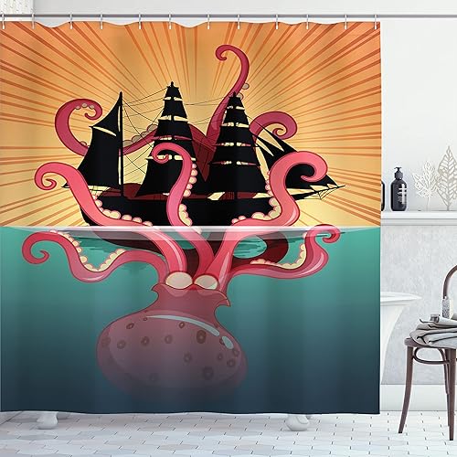 Kraken Decoración Cortina de ducha (by ambesonne, monstruo del Mar de Coral Sinking el Barco Retro Mitos Océano Folk Historias inspired Artwork, Kraken Decoración Cortina de ducha (by ambesonne, monstruo del Mar de Coral Sinking el Barco Retro Mitos Océano Folk Historias inspired Artwork,