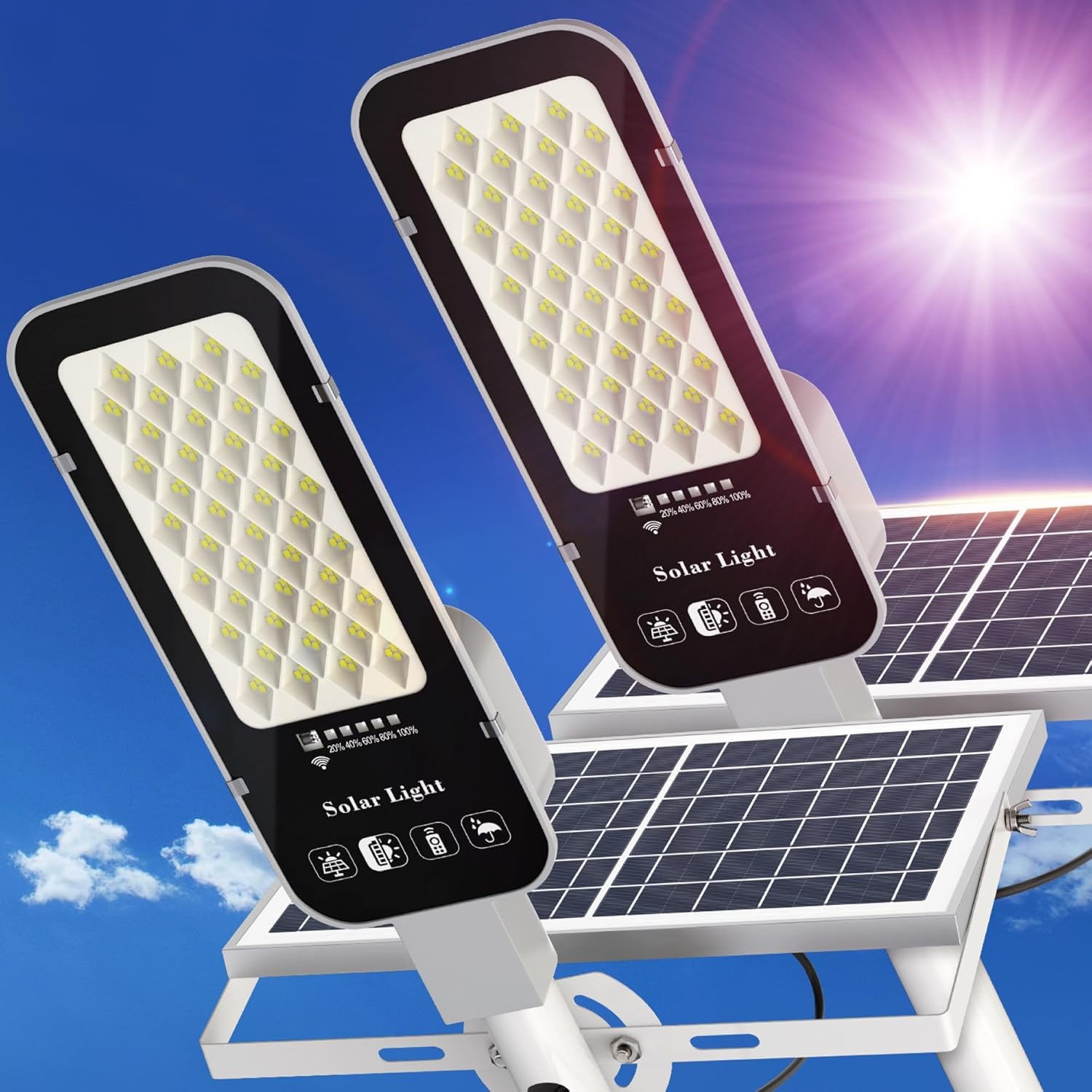 BUYTHA Solar Street Lights Outdoor - 15000LM Solar Outdoor Light Waterproof, Dusk to Dawn Solar Powered Flood Lights for Parking Lot, Walkway, Yard and Garage Solar Street Lights 168L 2 Packs