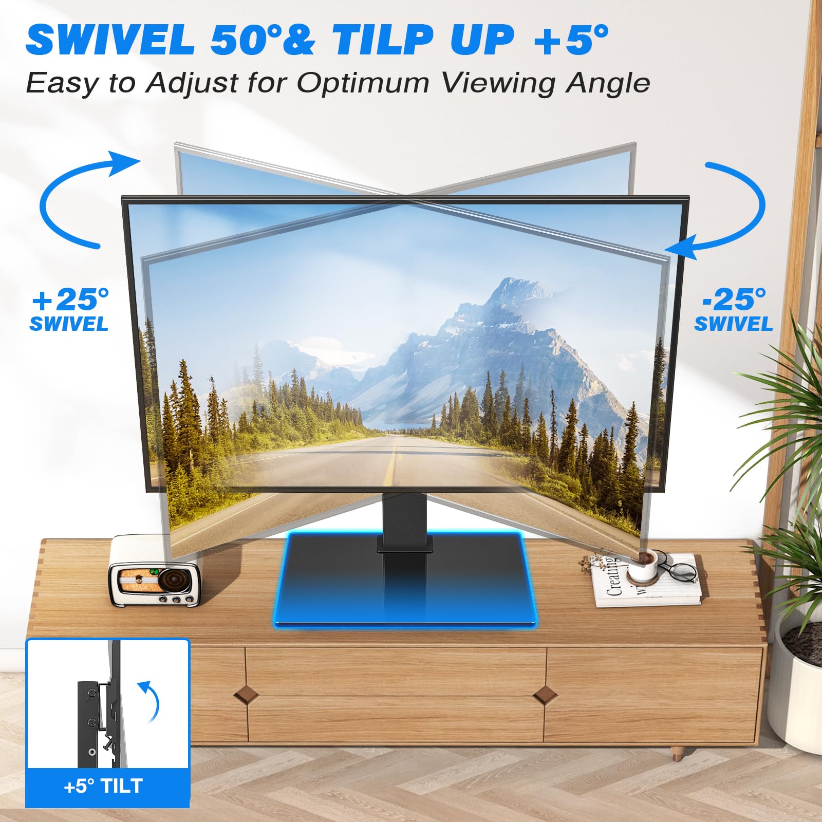 Soporte de Mesa para TV 5Rcom para TVs 32-70 Pulgadas, Carga 40KG, Base de Cristal Templado Altura Ajustable, Soporte Universal para Salón/Dormitorio, VESA Máx 400x400mm
