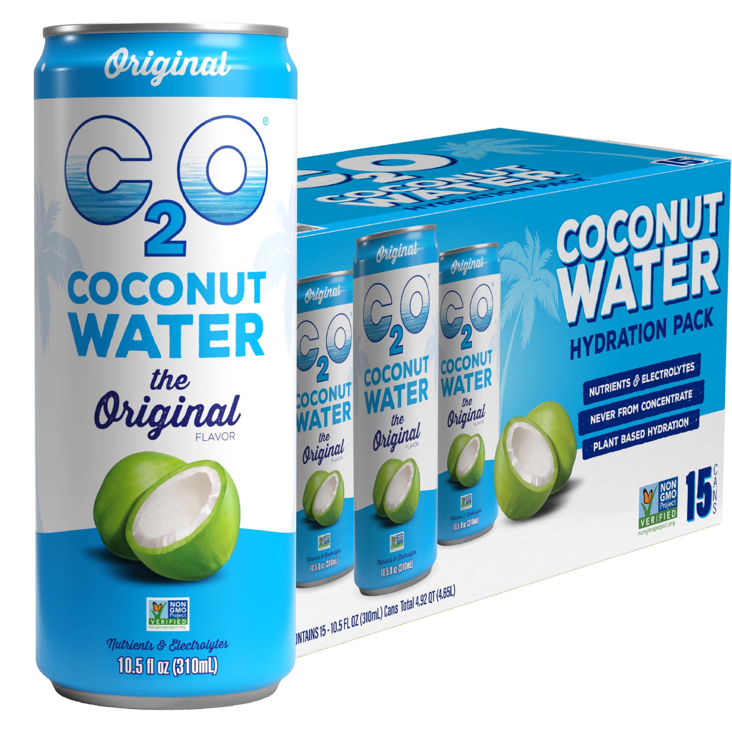 C2O - Coconut Water, The Original Flavor (15 Pack) - Made with Fresh Coconut Water - Plant Based - Non GMO - Canned Water - Natural Hydration, Electrolytes, & Potassium - 15 Cans, 10.5 FL OZ
