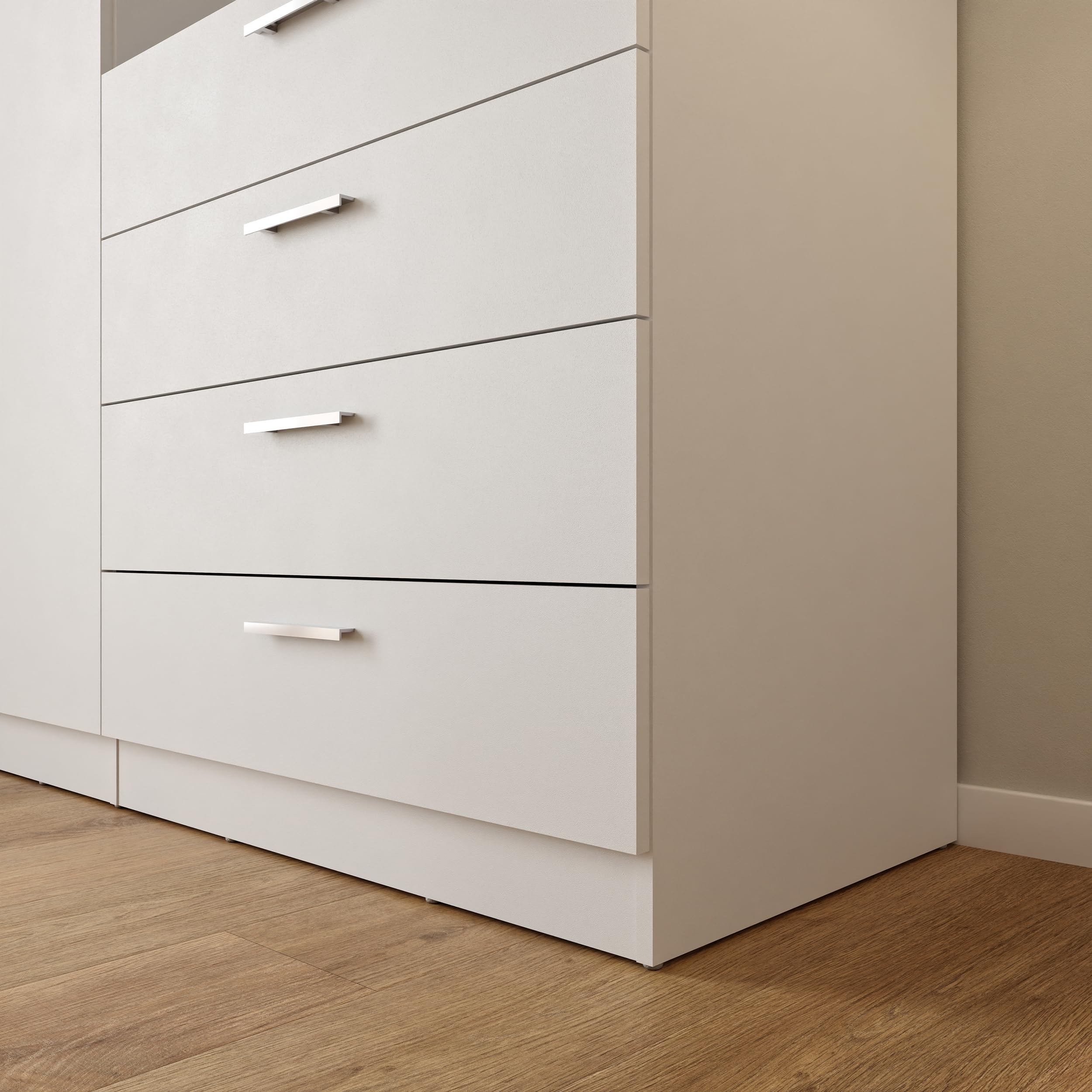 Forte Panama Kleiderschrank 200, modern-minimalistischer Kleiderschrank mit Regalkommode, 3-türig, 4 Schubladen, 2 Spiegel, Holzwerkstoff, Weiß, 199 cm breit x 181 cm hoch x 52,7 cm tief
