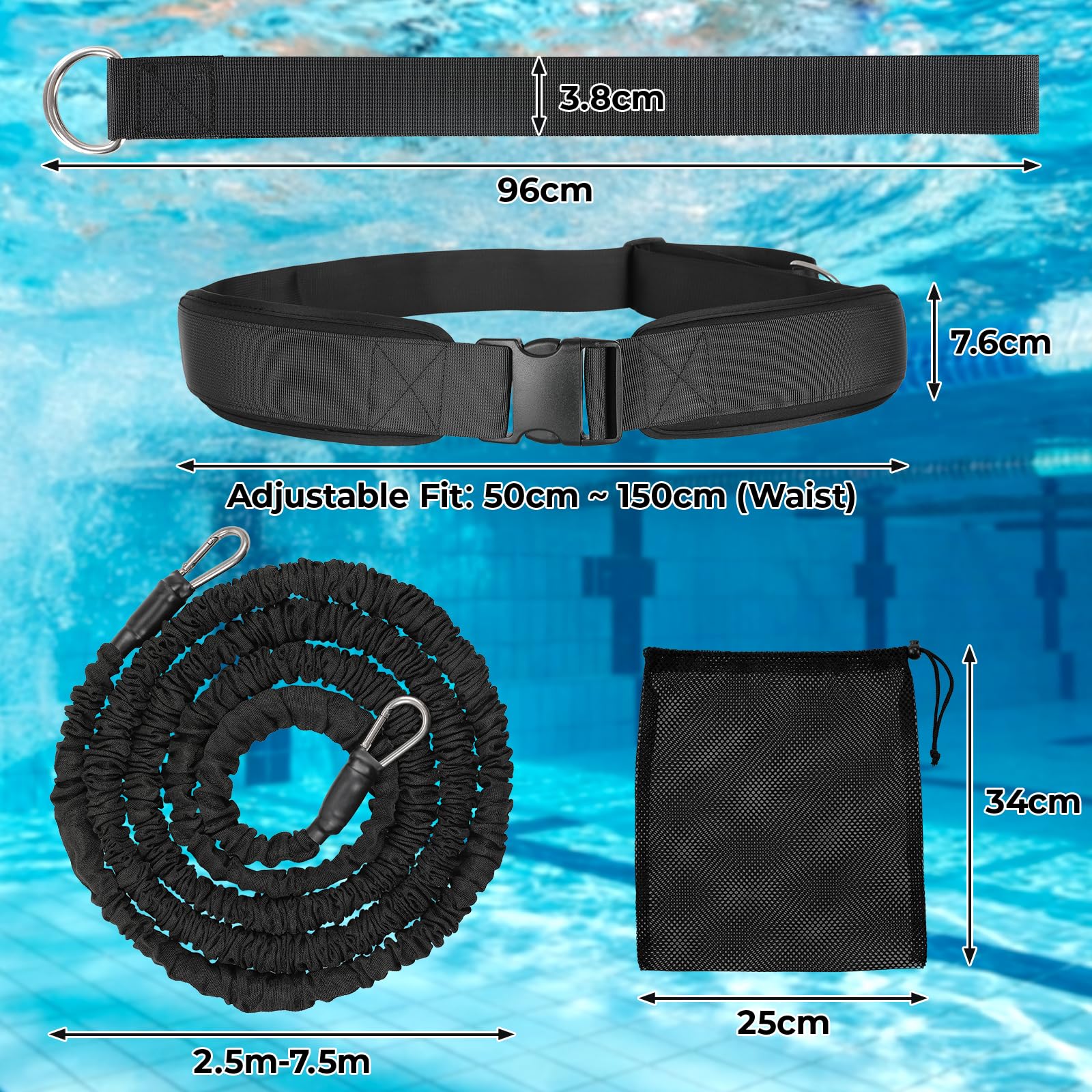 LIFERUN Cintura Aquagym Regolabile – Fascia Resistenza in Lattice Naturale – Neoprene e Fibbia a Sgancio Rapido – Per Nuoto, Aquafitness e Riabilitazione – Per Piscina Interna ed Esterna