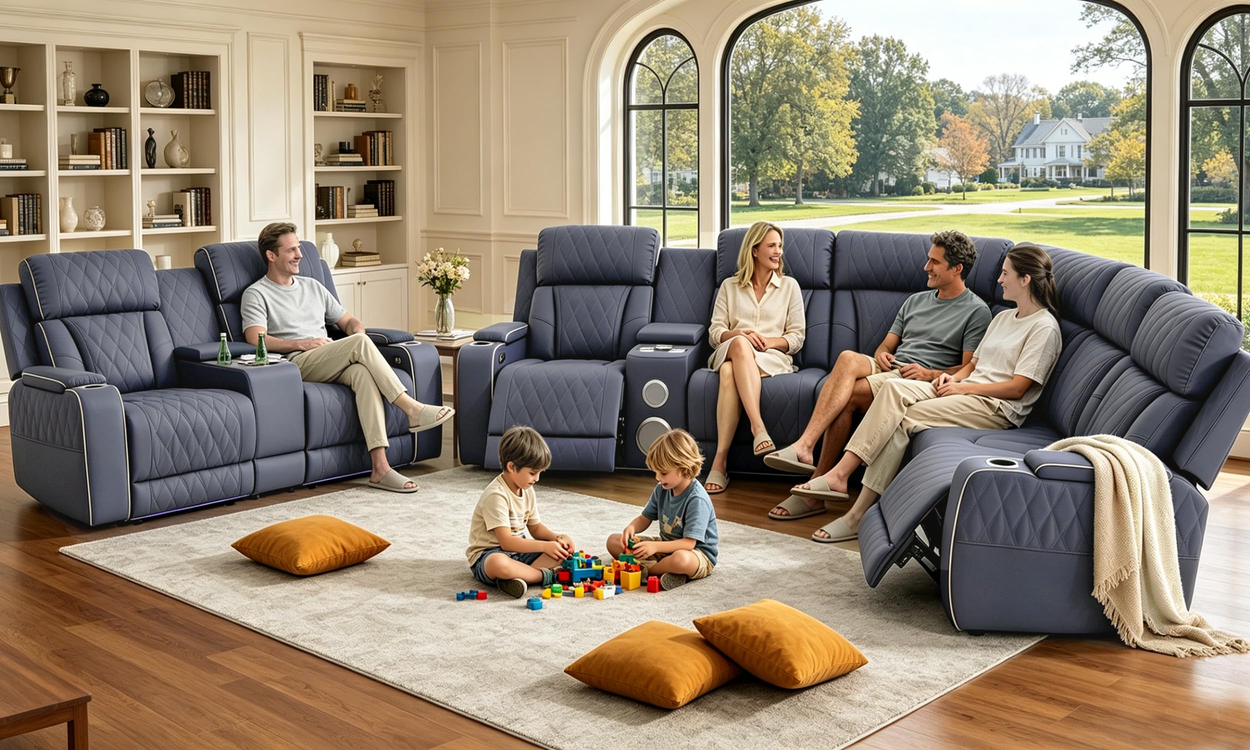 Power Reclining Sectional Sofa Set with Speakers, L-Shaped Sanded Leather Recliner Sectional Couch with USB Ports, Cup Holders & Storage, Luxury Living Room Furniture Set for Home and Office view 9