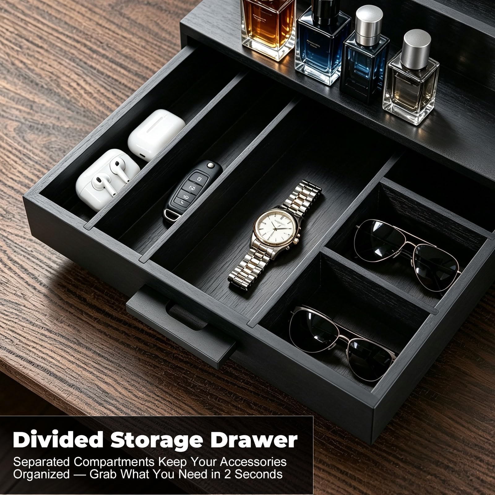 Cologne Organizer per uomo, 4 ripiani, in noce, con cassetto portaoggetti | Il ripiano nero contiene colonia, orologi, gioielli e cura della pelle, regalo per papà, robusto organizer in noce per bagno