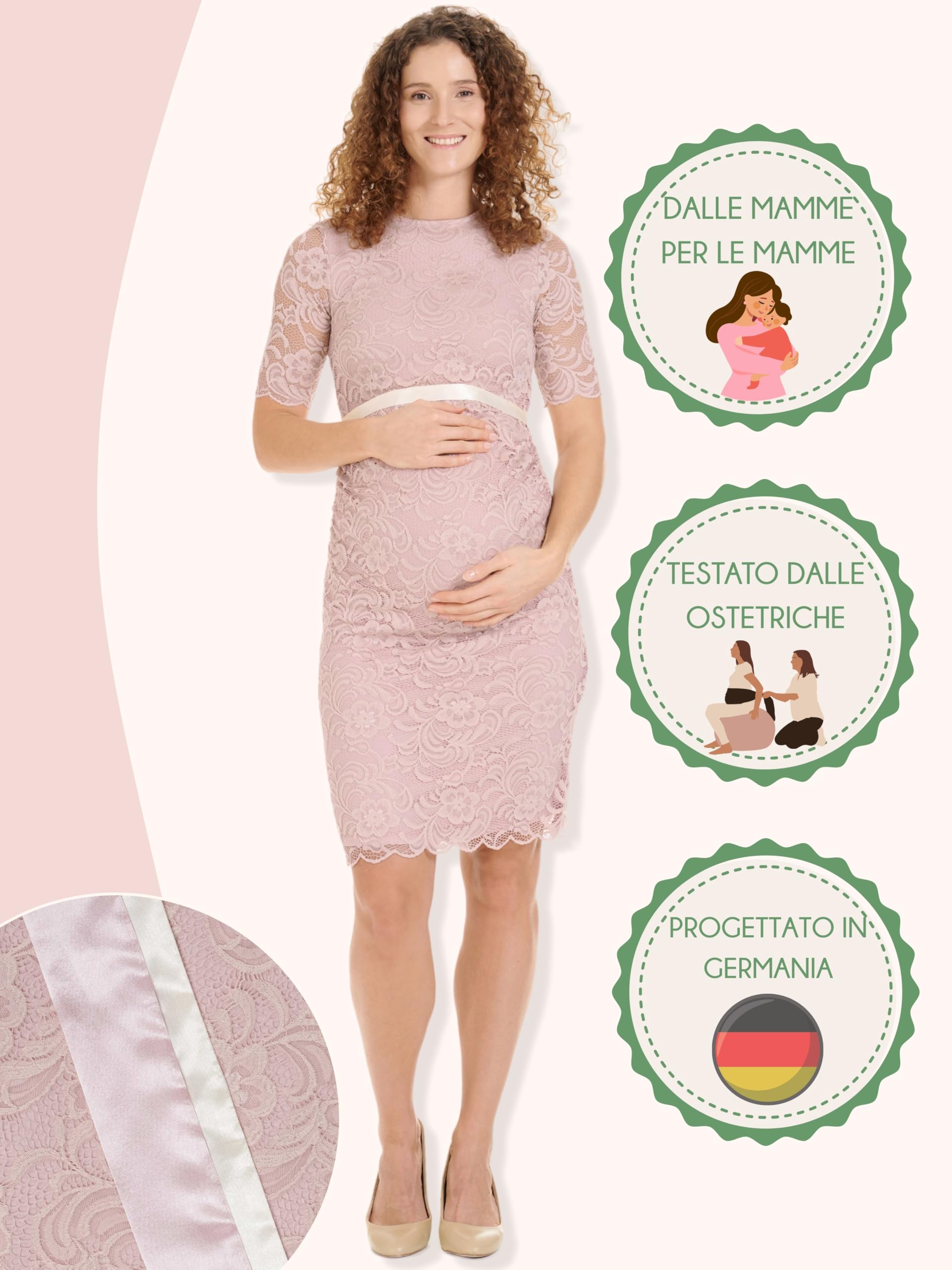 Herzmutter Abito Premaman Elegante – da Donna - Abito Gravidanza al Ginocchio – Girocollo - per Matrimonio e Occasioni Festive - Crema-Champagne-Blu-Rosso-Rosa – 6200