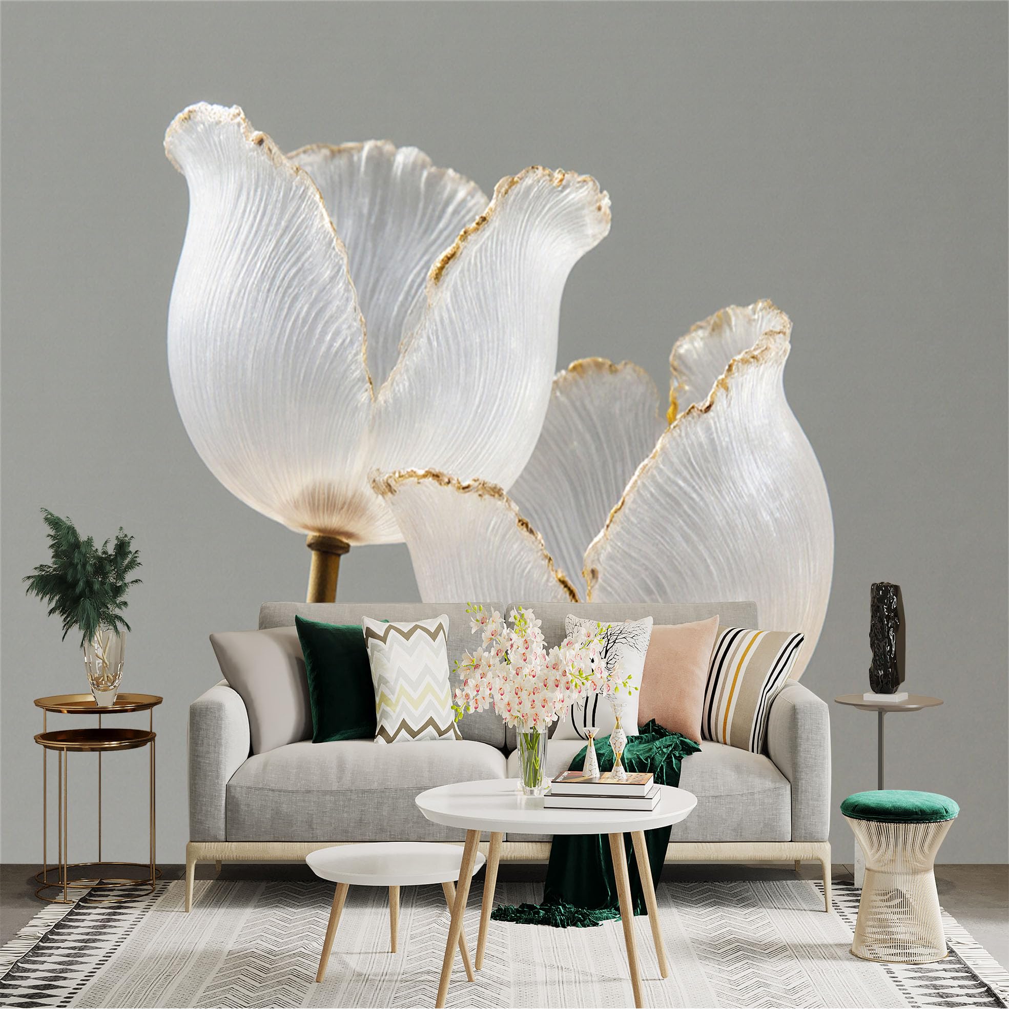 Custom Size Wall Sticker Mural， Elegant Translucent White Flowers， Minimalist Floral Art， Soft Petal Textures， Decorative Botanical Print， for wall Decoration， peelandstick wall Decals.