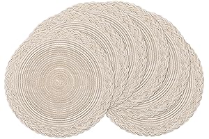 Set of 6 Round Woven 15" Washable Cotton Polyester Placemats Circle Place Mats, Ivory