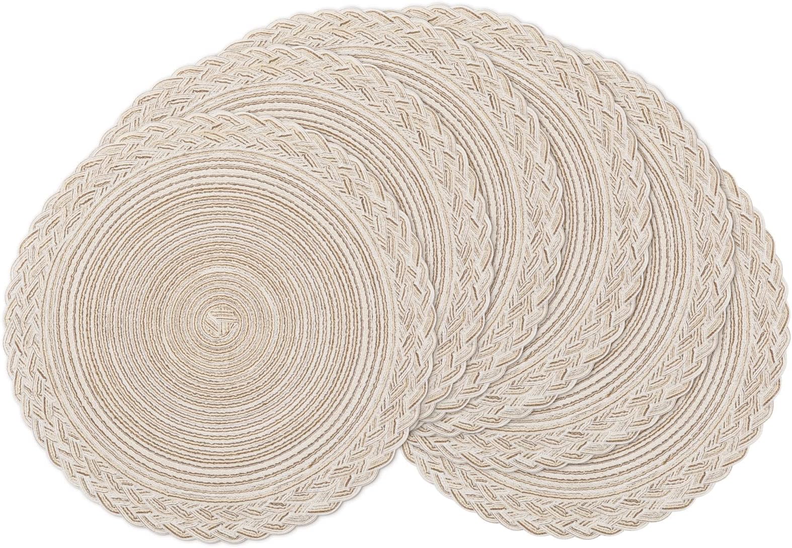 SHACOS Round Placemats Set of 6 Woven Round Table Mats 15 inch Braided Border Washable Cotton Polyester Circle Place Mats, Ivory