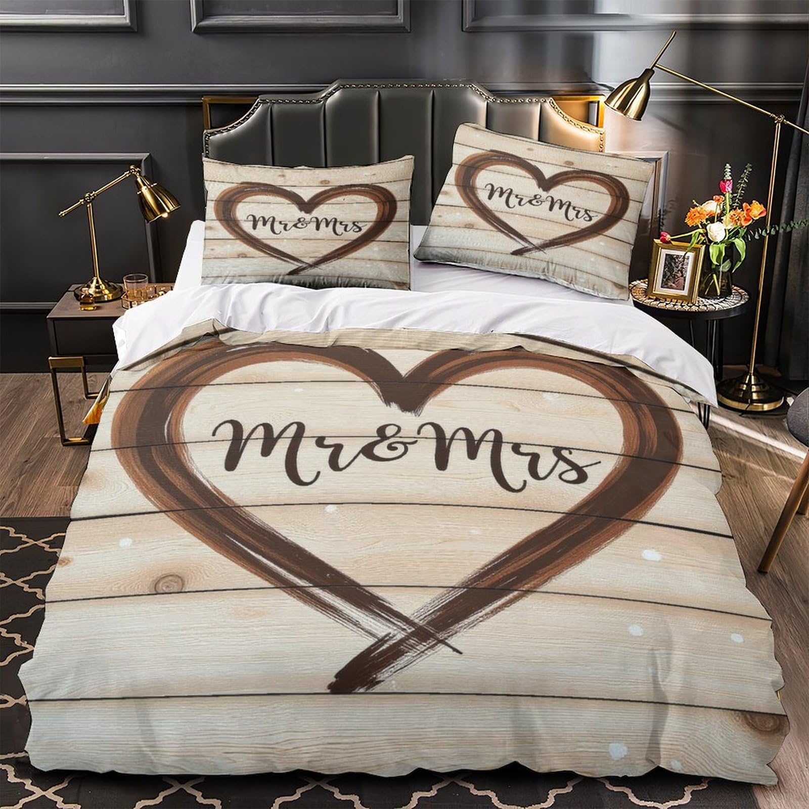 Housse de couette 140x200 cœur romantique en microfibre super douce au motif peint à la main
