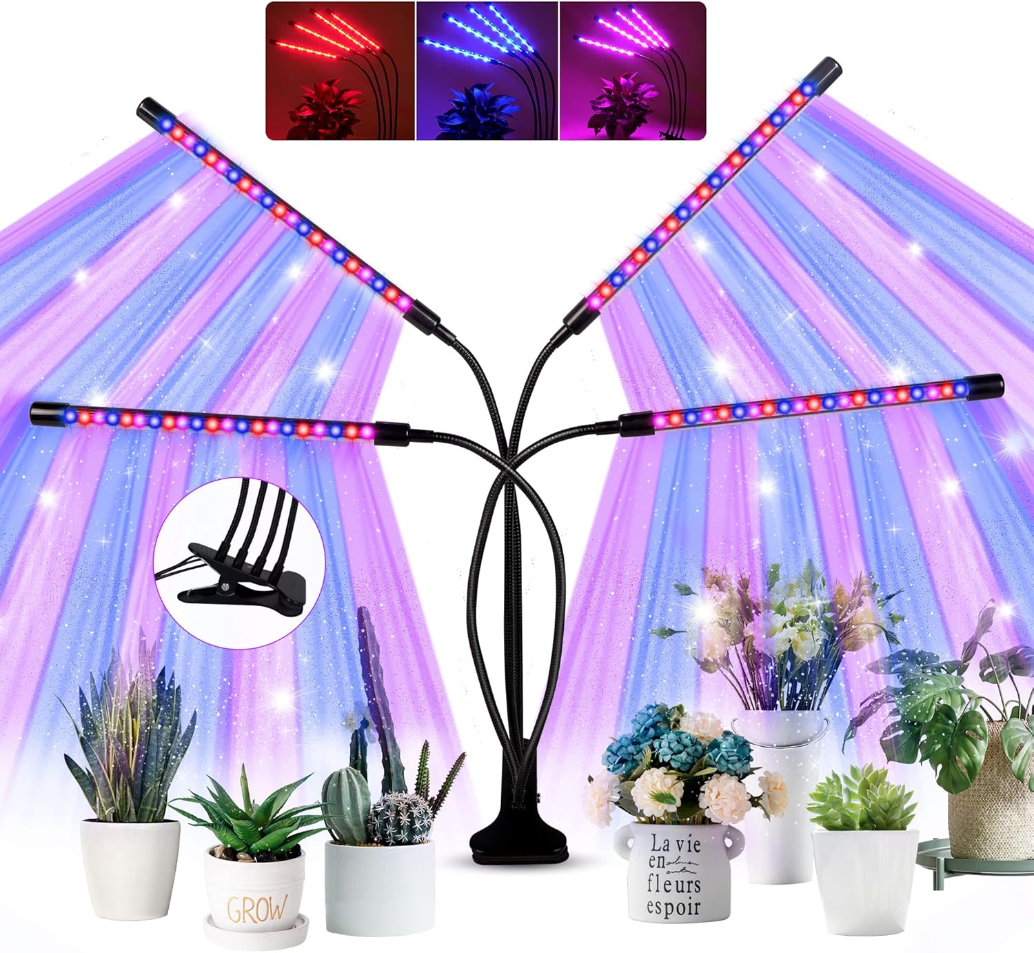 LANSI Grow Lights for Indoor Plants,15W LED Grow Lights Full Spectrum,Four-Head,Auto On/Off Timing 3/9/12 H,3 LED Light Modes ,10 Dimmable Levels,Plant Grow Bulb Lamp Grow Lights for Various Plants