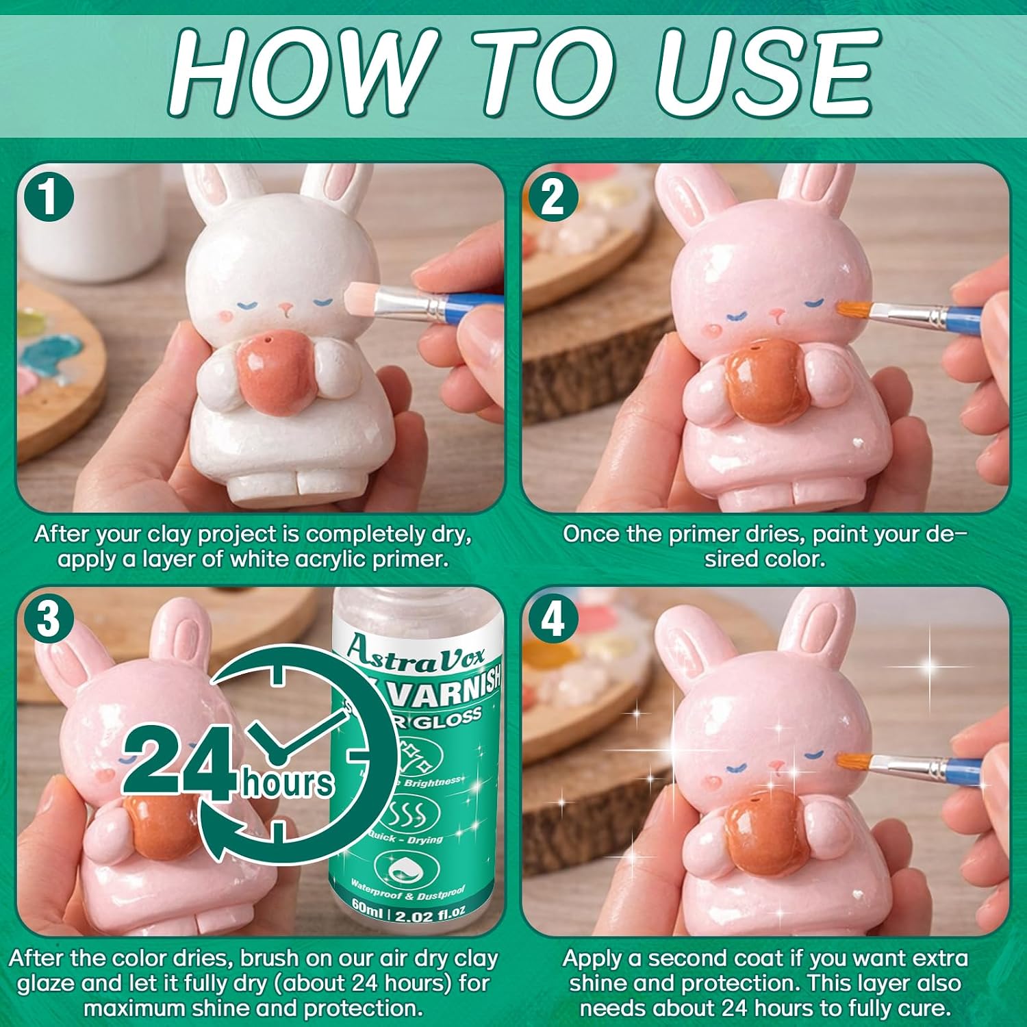 Air Dry Clay Glaze, Clear High Gloss Sealant and Air Dry Clay Varnish for Crafts, Ceramics, Wood and Artwork, Protects from Cracking, Scratches and Wear, Enhances Shine 60ml (Gloss)