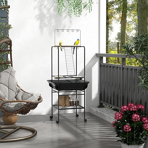 Miniatura 2 de PawHut Soporte para pájaros con ruedas, soporte de loro con perchas, cuencos de alimentación de acero inoxidable, bandeja extraíble, colgador de