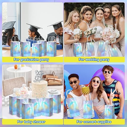 Miniatura 5 de Estune 60 bolsas de regalo iridiscentes con asa, holográficas, recuerdos de fiesta de 8.3 x 5 x 3.2 pulgadas, bolsa de papel de aluminio con