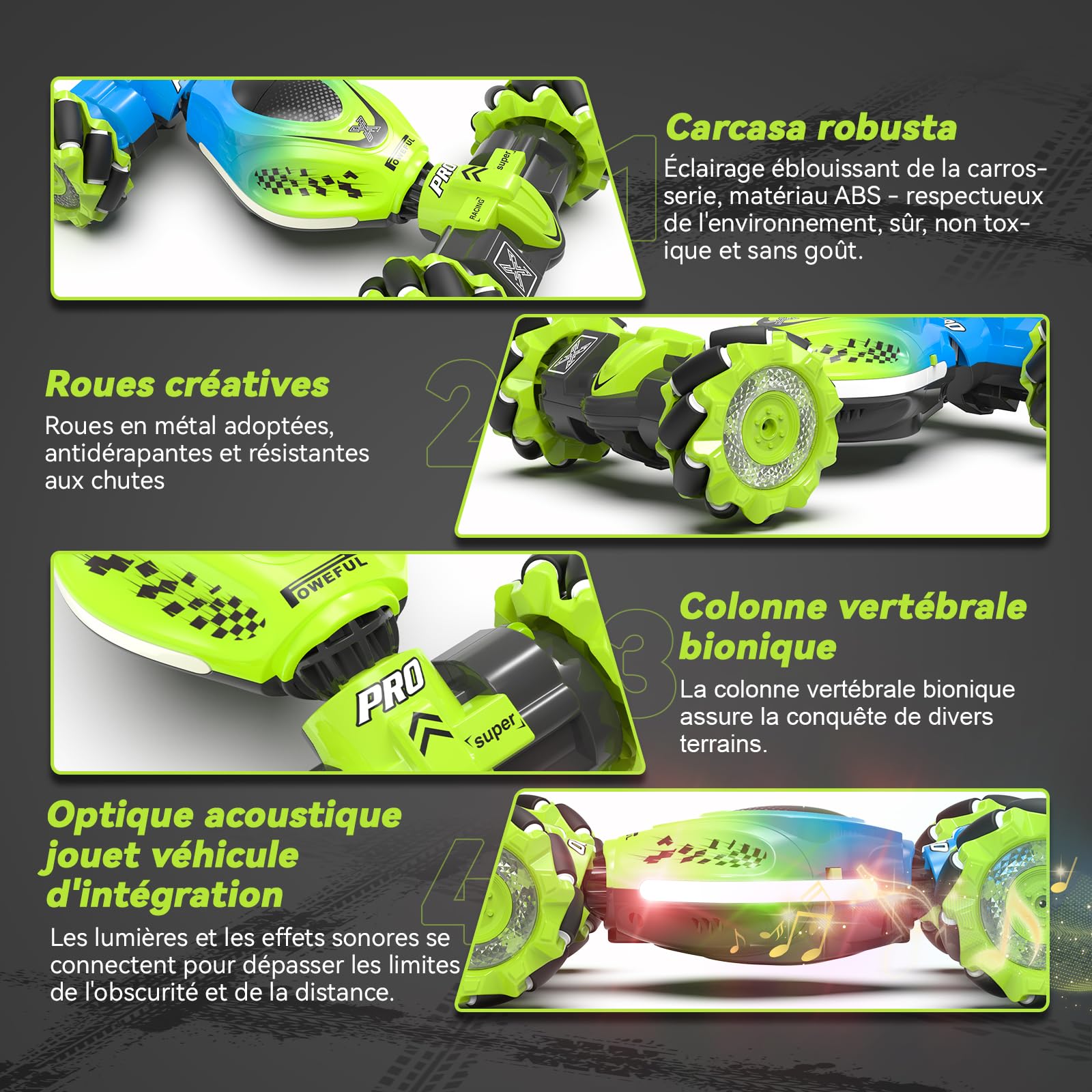 Dysaim Coche Teledirigido para Niños RC Stunt Car Coches Telecomandado con Mando a Distancia 2,4 GHz 4WD 360 ° Crawler Offroad RC Drift Auto 2 Batería Música Navidad Regalo para 6-12 Años