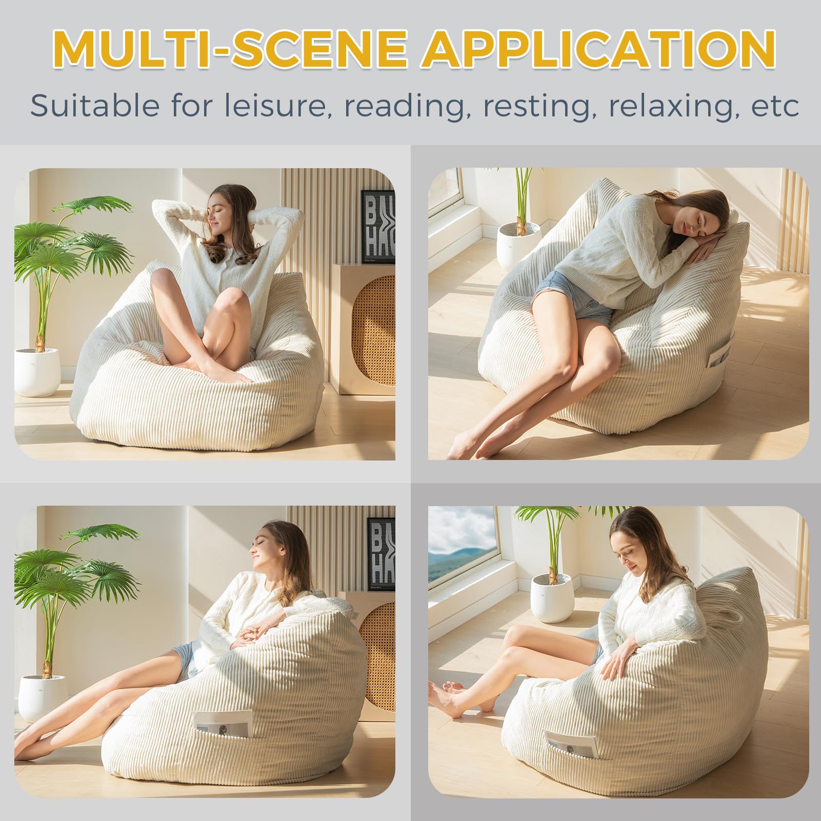 MAXYOYO Pouf poire géant en velours côtelé pour adultes et adolescents avec rembourrage en mousse inclus, mobilier de salon (beige)