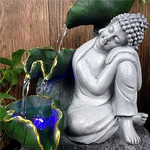 Fuente de agua pequeña de mesa de 11 pulgadas con estatua de Buda de flujo de agua y luces LED, cascada decorativa para interiores y exteriores,