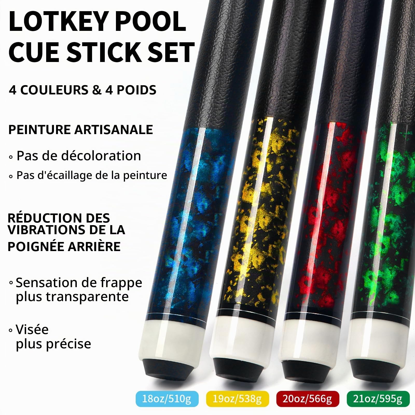 Queue de Billard, Billard Queue Lot de 4 Pool Cue Sticks Bâtons de Billard en Bois Dur de 58 Pouces pour Les Sports de Table de Billard