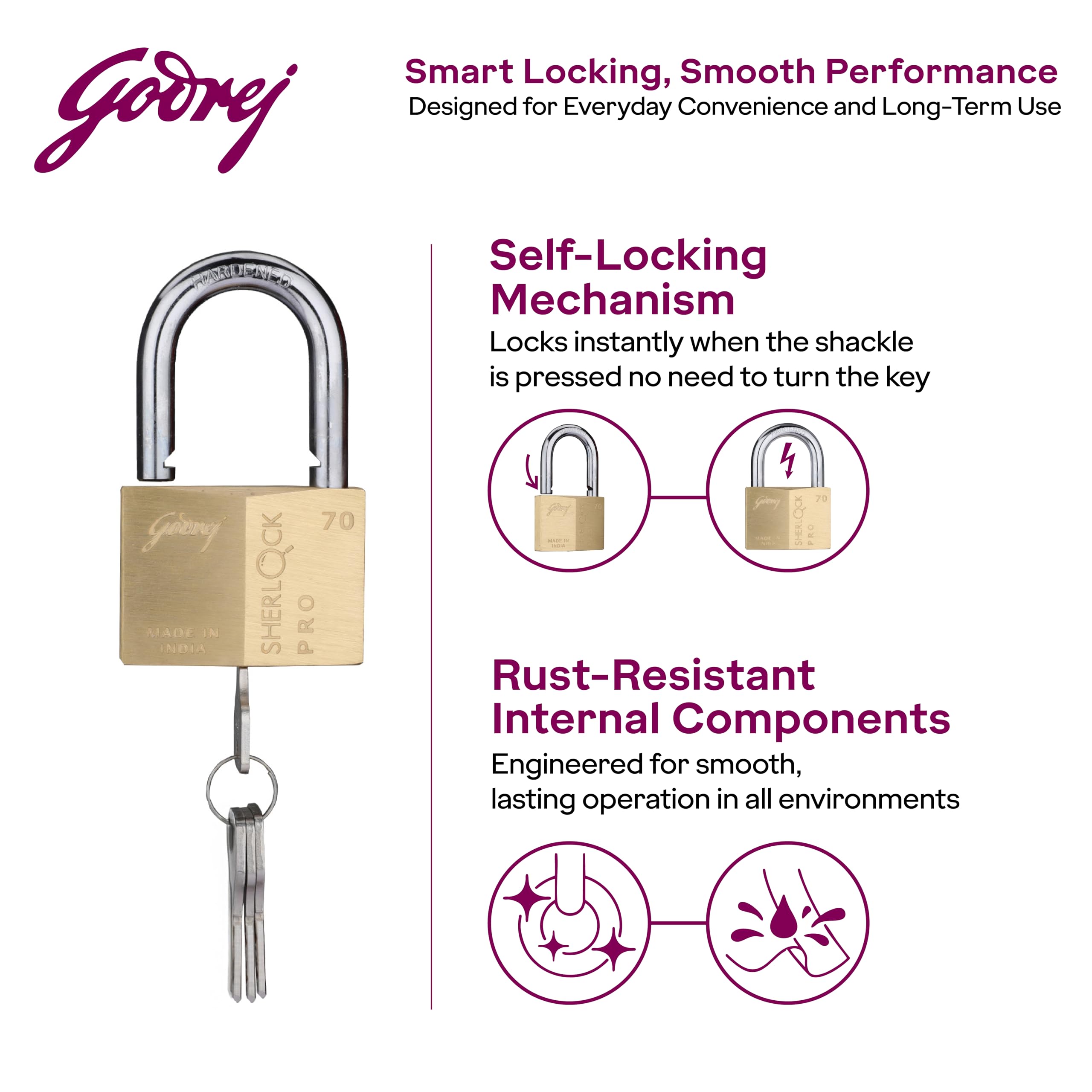 Godrej Locks | Sherlock Pro (70mm) Padlock | with 3 Keys | Premium Solid Brass Lock | Self-Locking Shackle | Double Locking | Rust-Resistant | Suitable for Doors | 1 Years Warranty — Amazon image 5