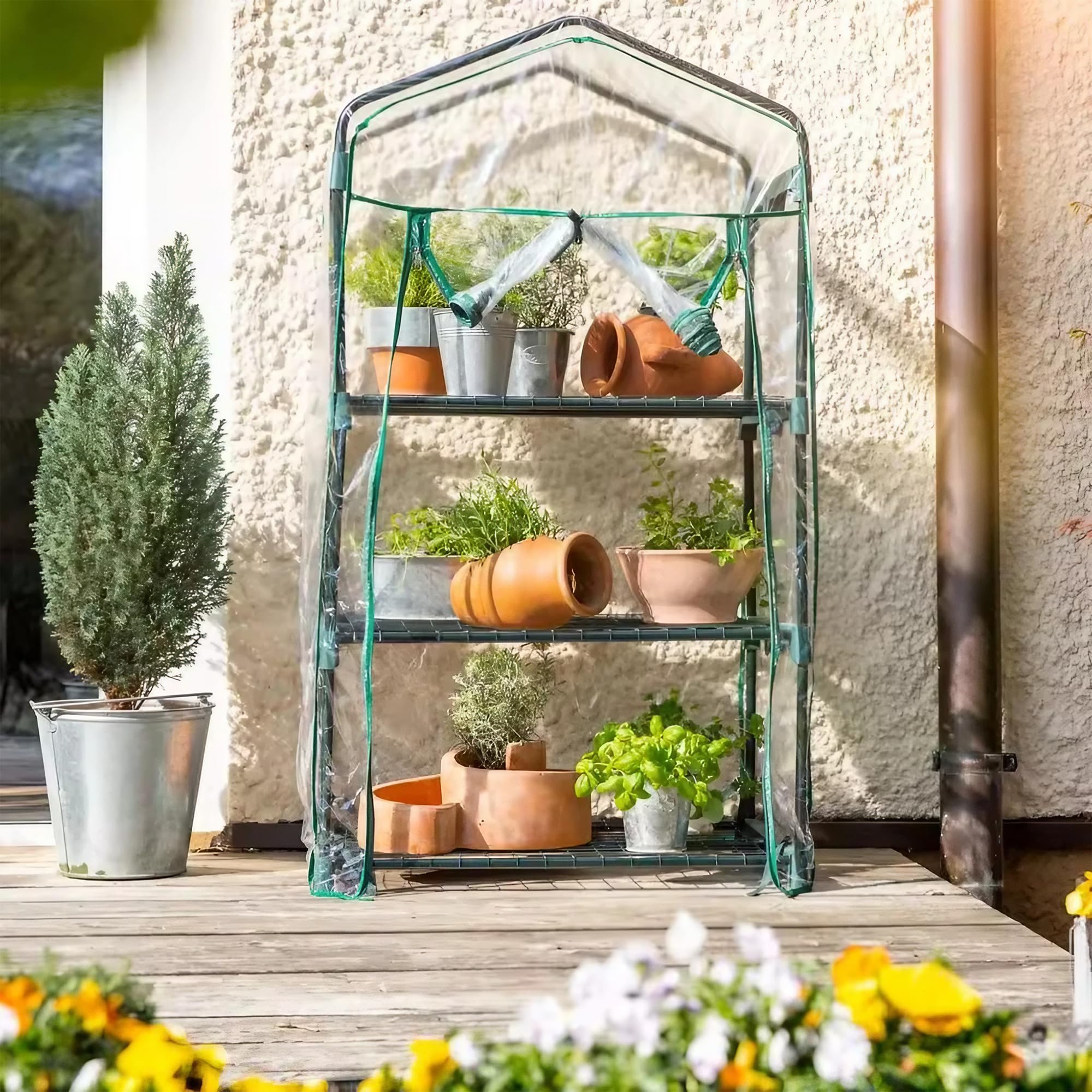 ESTO Gewächshaus für den Garten, Körper aus Polycarbonat und transparente PVC-Plane, geeignet für Winterkulturen, Abdeckung für Pflanzen und Blumen (3 Regale mit Rädern)