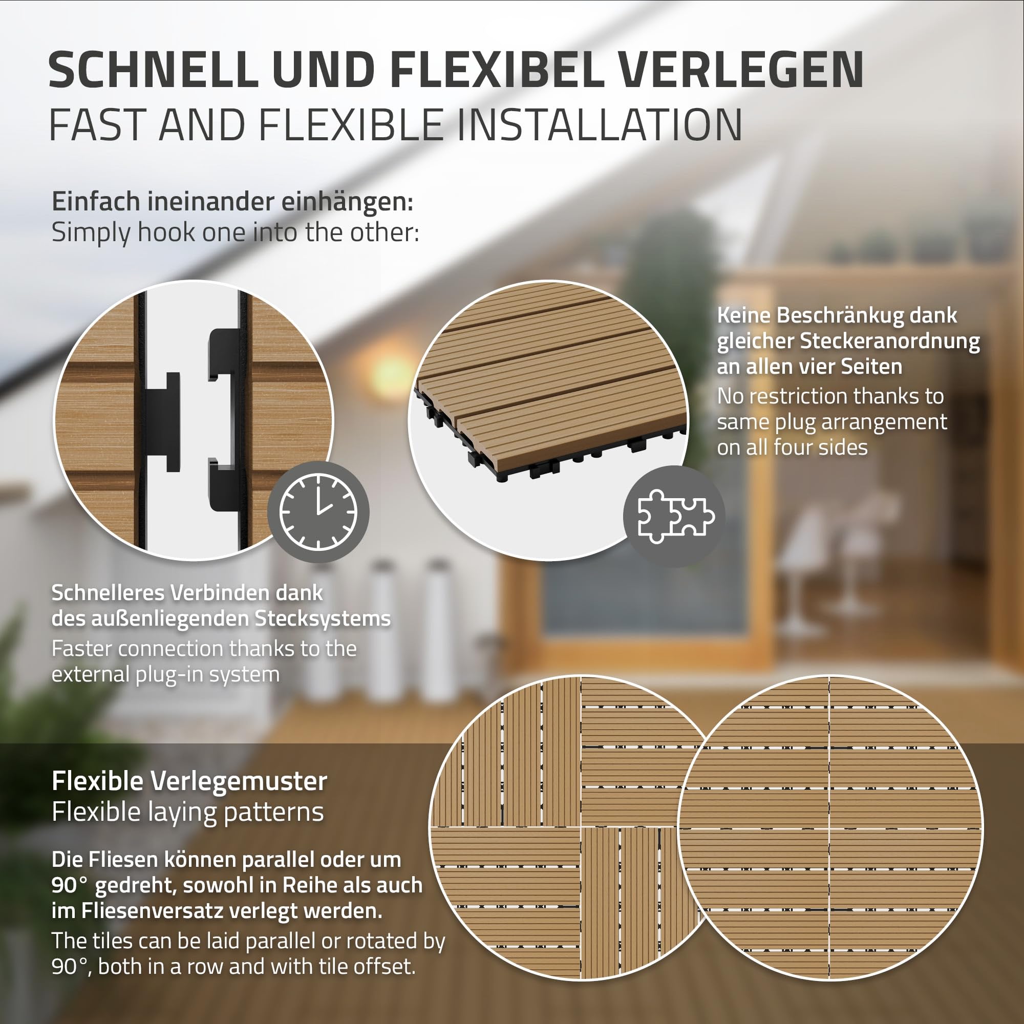 ECD Germany Piastrelle per Pavimenti da Esterno Piastrelle per Terrazze in WPC 60x30 cm Set di 6 Pezzi 1 m² Colore Teak con Aspetto Legno Piastrelle da Giardino con Drenaggio e Sistema Plug-in