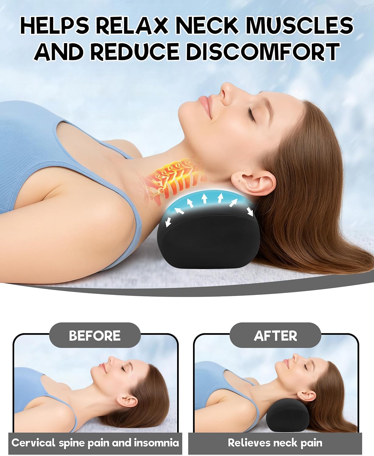 SPRING SEAON Neck Support Pillow for Sleeping Small Neck Roll Pillow Cervical Stretcher Pillow for Neck Pain Relief Memory Foam with Cool Fabric Pillowcase Black - Image 2