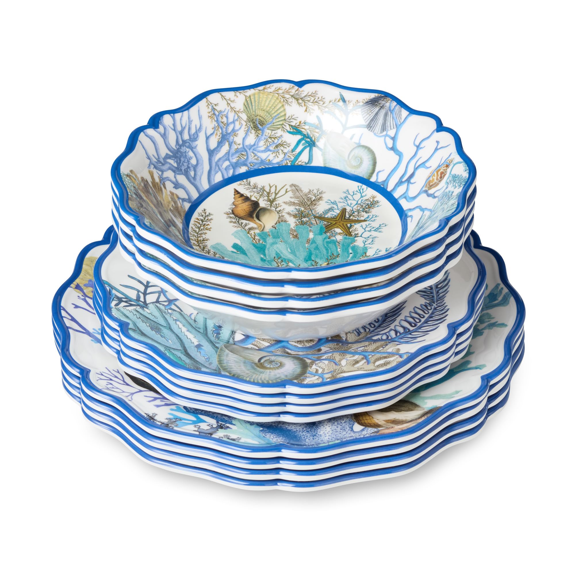 Blue Lagoon Melamin-Geschirr-Set, 12-teilig, Küsten-Korallen- und Muschel-Design, Service für 10,2–27,9 cm Speiseteller, 22,9 cm Salatteller und 800 ml Schüsseln – langlebig, leicht, BPA-frei