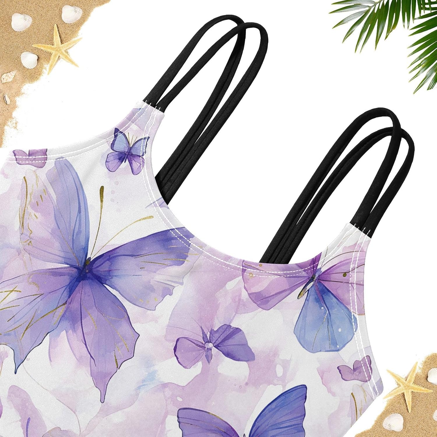 visesunny Girls Two Piece Swimsuits Purple Watercolor Butterfly Girl's Bikini Sets Bathing Suits for Girls Size 5-12Y