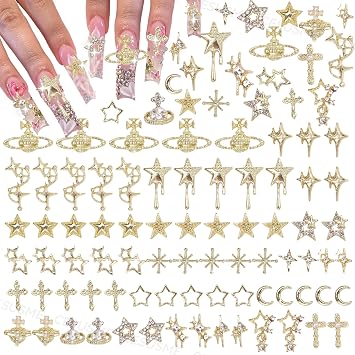 130 Pcs Alloy Gold Star Cross Nail Charms, 21 Styles 3D Y2K Metal Star Cross Moon Planet Gold Nail Charms and Gems for Nails Art Design DIY Accessories