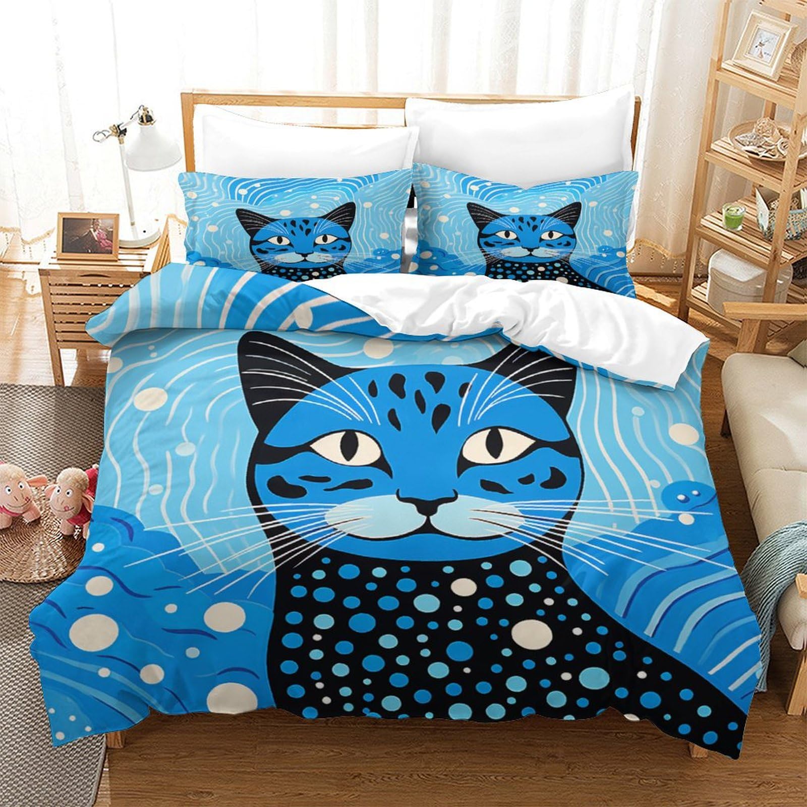 P1S9U7W5Y 3D Printed Blue Cat Duvet Cover Set 3pcs Microfiber Feline Pattern Bedding Set Double