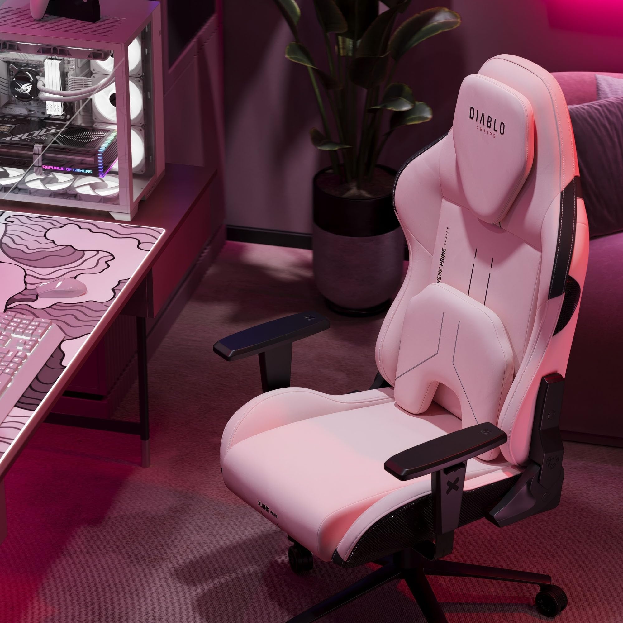 Diablo Gaming Stuhl Stoff X.One Prime Gamer Stuhl Ergonomisch mit Magnetische Kopfstütze und Kühlender Sitz Robuste Metallbasis, Höhenverstellbare Armlehnen Pc Stuhl, Gaming Chair 140 kg Akira Pink