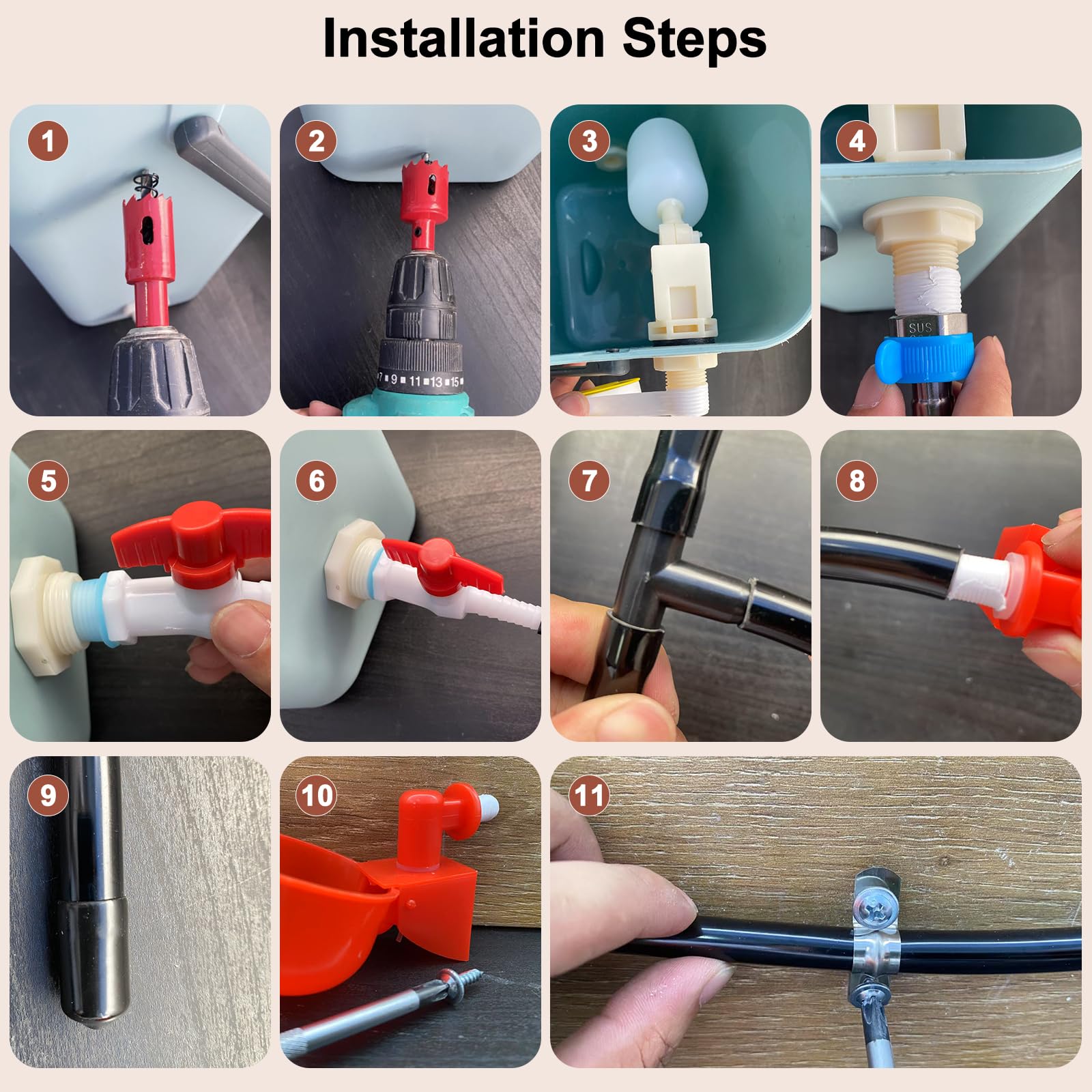 Sistema automatico di abbeveraggio per polli, con 8 coppette abbeveratoio, tubo in plastica nera da 6 metri, altri accessori per tubi, valvola a galleggiante che eroga automaticamente l'acqua
