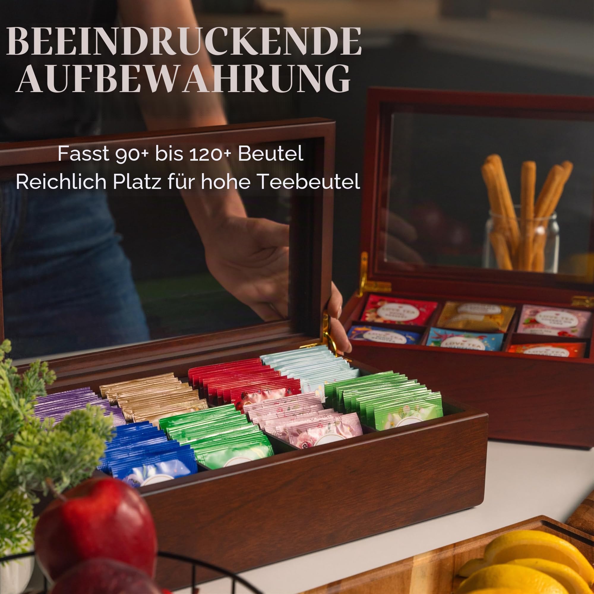 Tee Box von Apace Living - Luxeriöse Tee Aufbewahrung Box Holz – 8 Fächer für die Aufbewahrung von Teebeuteln - Handgefertigte Teebox mit kratzfestem Sichtfenster – Elegante Teebeutel Aufbewahrungsbox