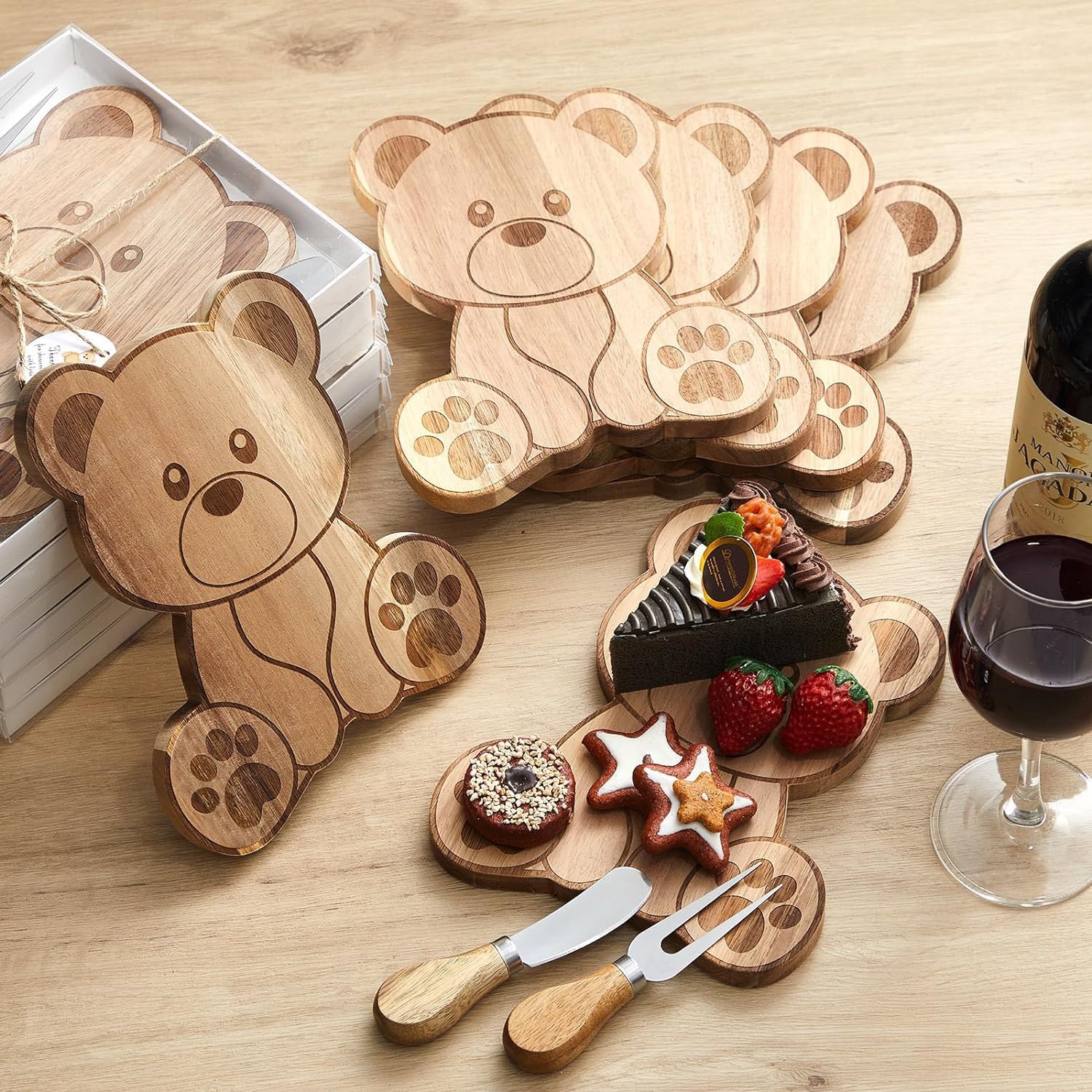 Juego de tabla de queso de madera de acacia con cuchillo de queso y tenedor, tabla de madera para queso, salchichas, frutas y aperitivos, set de regalo para brunch, picnic y celebraciones
