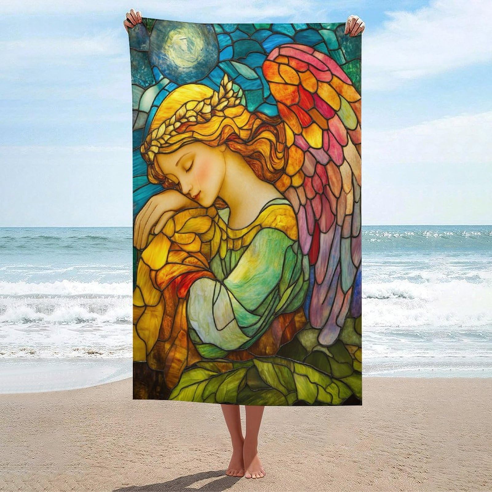 LSRCPD Stained Glass Angel Religious Art Beach Towel Sand Free Microfiber Large Shower Towels Multipurpose Absorbent for Bathroom Pool 130x80 CM