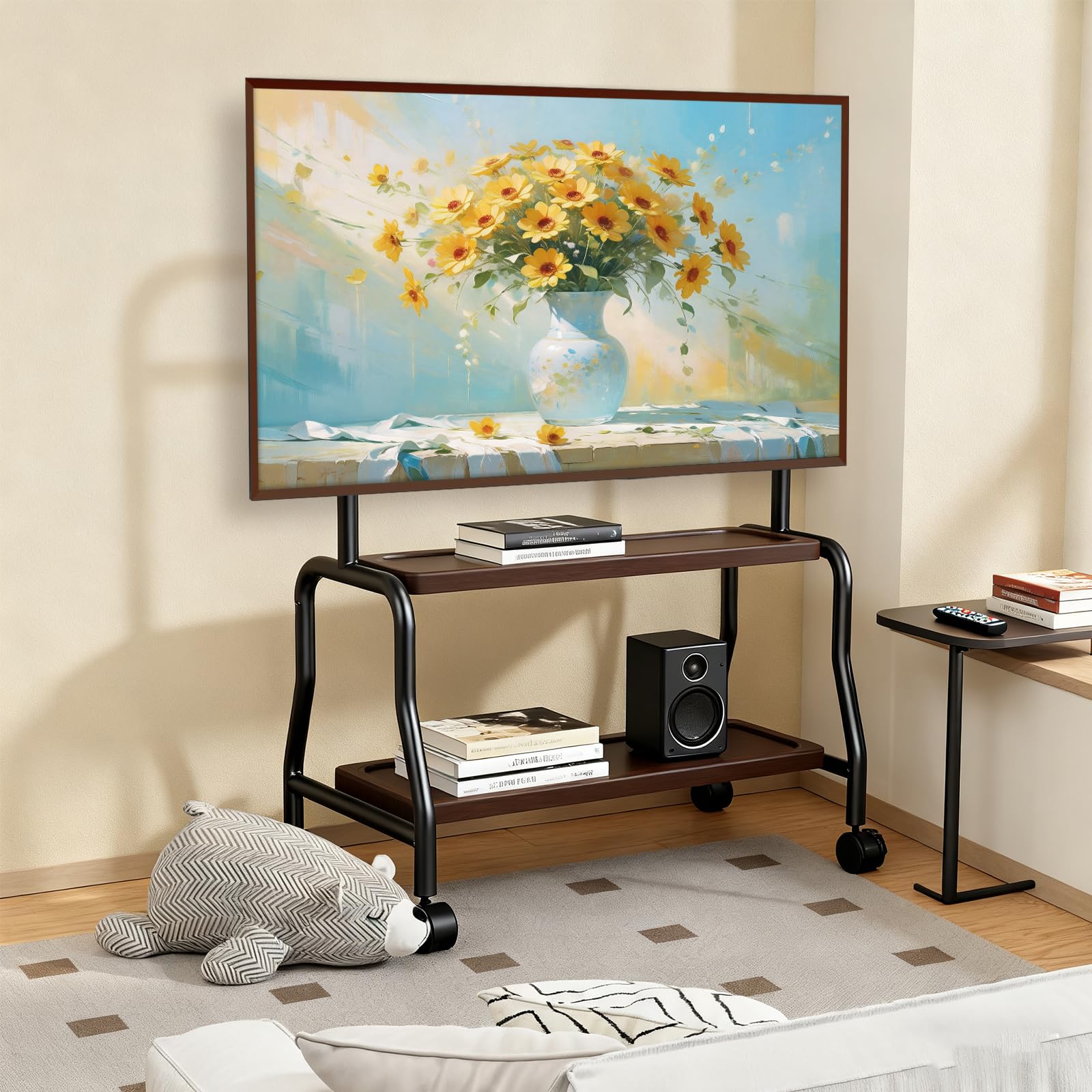 Soporte de TV enrollable para televisores de 32 a 75 pulgadas de hasta 50 kg, soporte de TV con ruedas con estante de madera, soporte de suelo para TV de altura ajustable, máx. VESA 600 x
