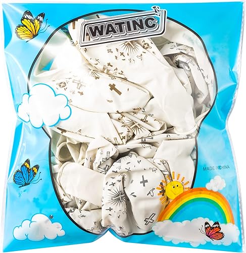 Vista 7 de WATINC 36 globos de cruz que Dios bendige, decoración de fiesta de bautismo, suministros de confirmación, decoración de primera comunión, globo