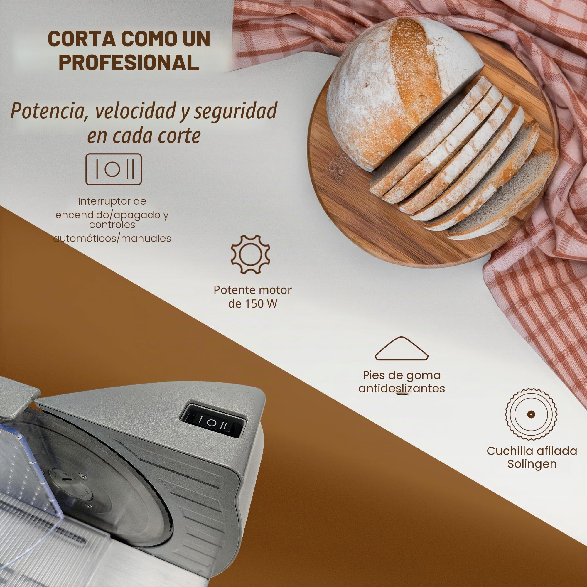 Bestron Cortador de pan con hoja de acero inoxidable RSG, fabricado en Alemania, ajuste de grosor de corte continuo de 0 a 20 mm, cortador con botón de cambio para funcionamiento automático y manual,