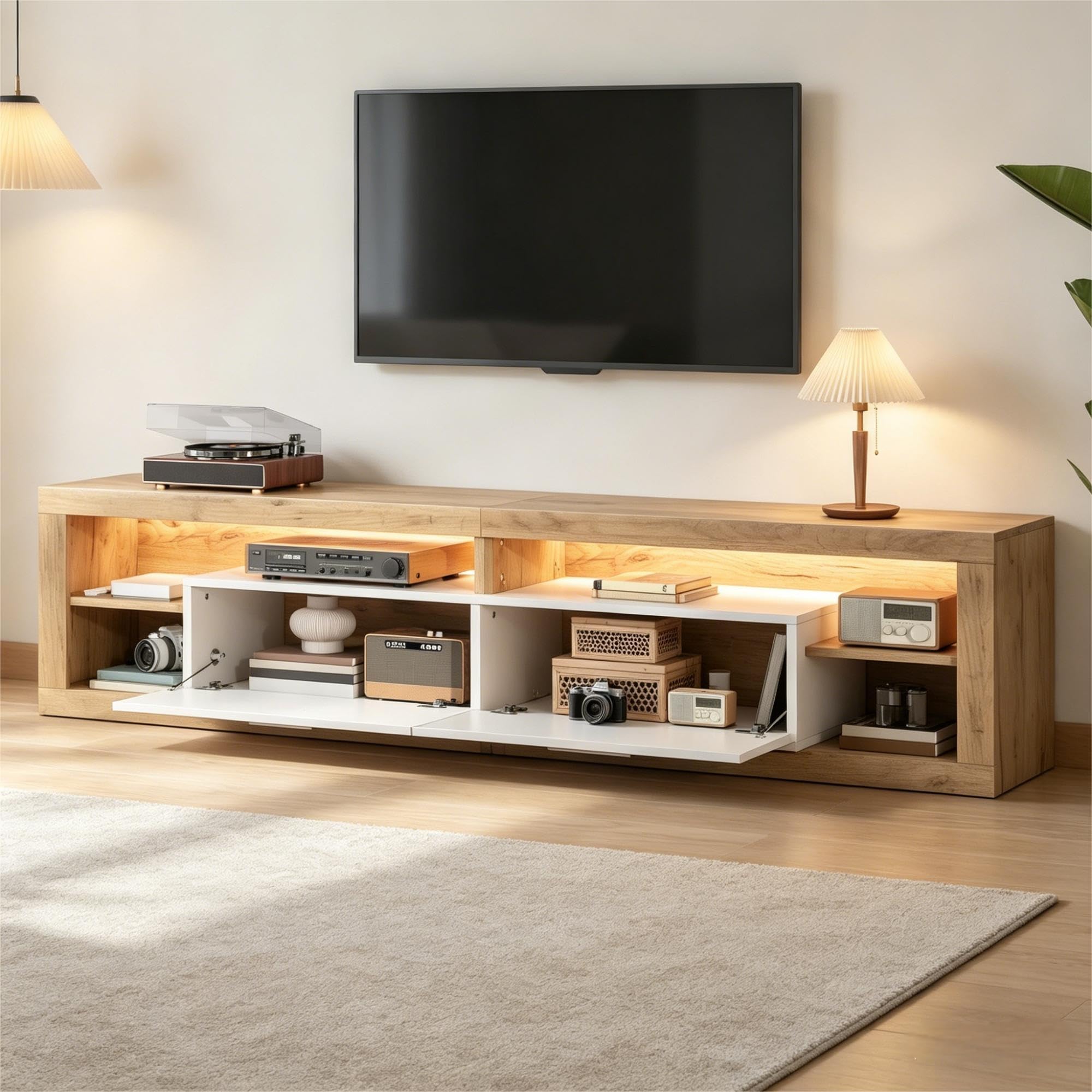 Meuble TV 180 cm, Meuble Tele avec LED Connectée (APP), 2 Tiroirs, 4 Étagères Ouvertes, pour TV 75 Pouces, Bois Clair et Blanc, 180x35.5x50 cm