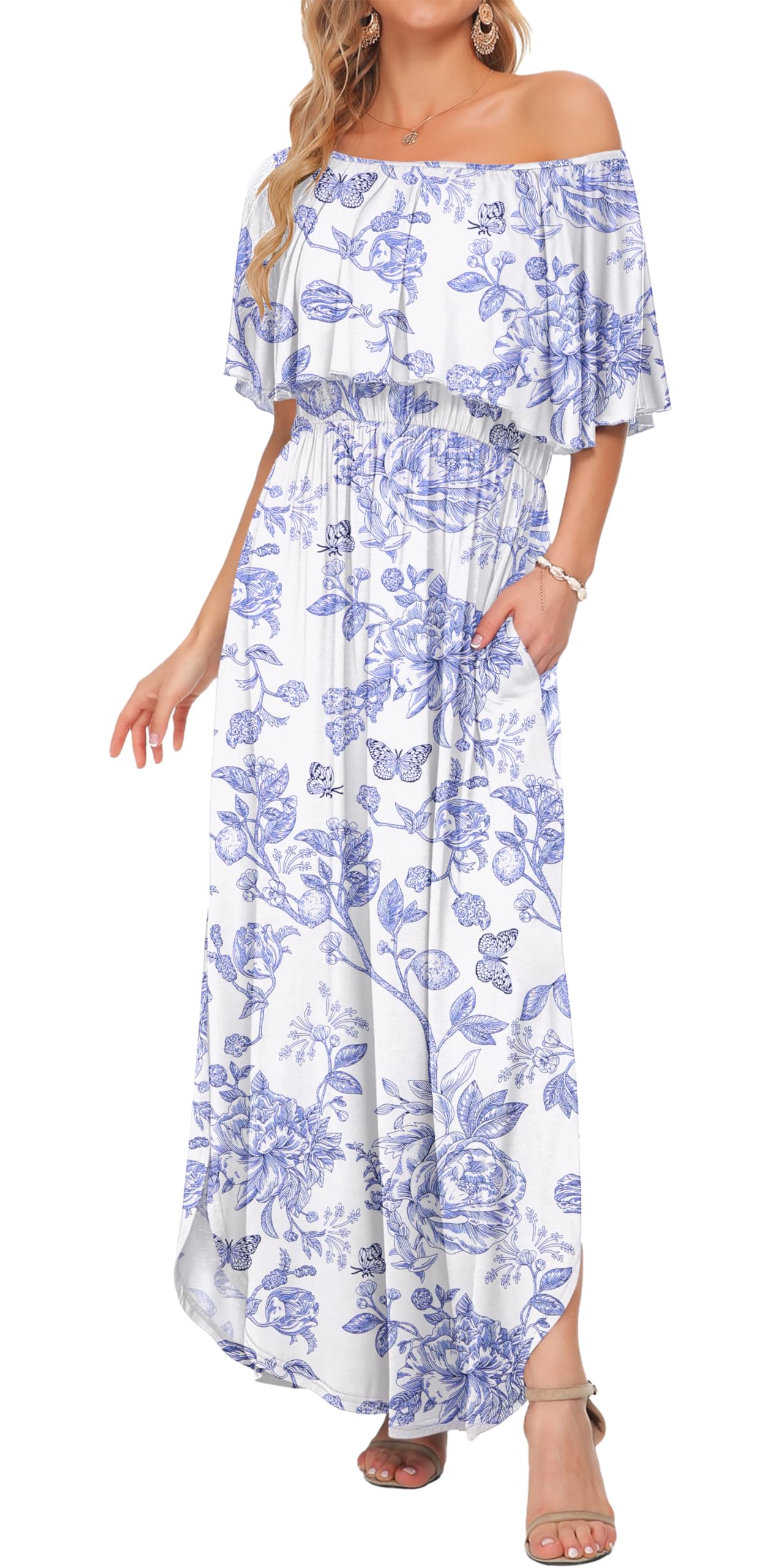 Womens Off Shoulder Ruffle Split Summer Maxi Dresses with Pockets