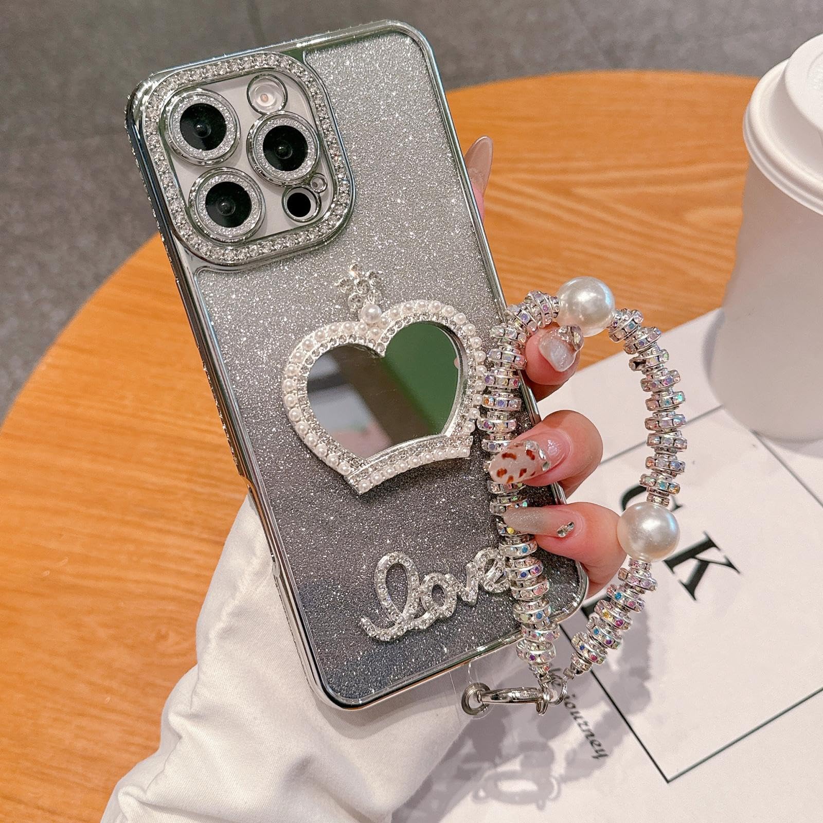 Funda con Espejo de Maquillaje y Purpurina para iPhone 15, con Pulsera chapada (para iPhone 15/Plateado GS)