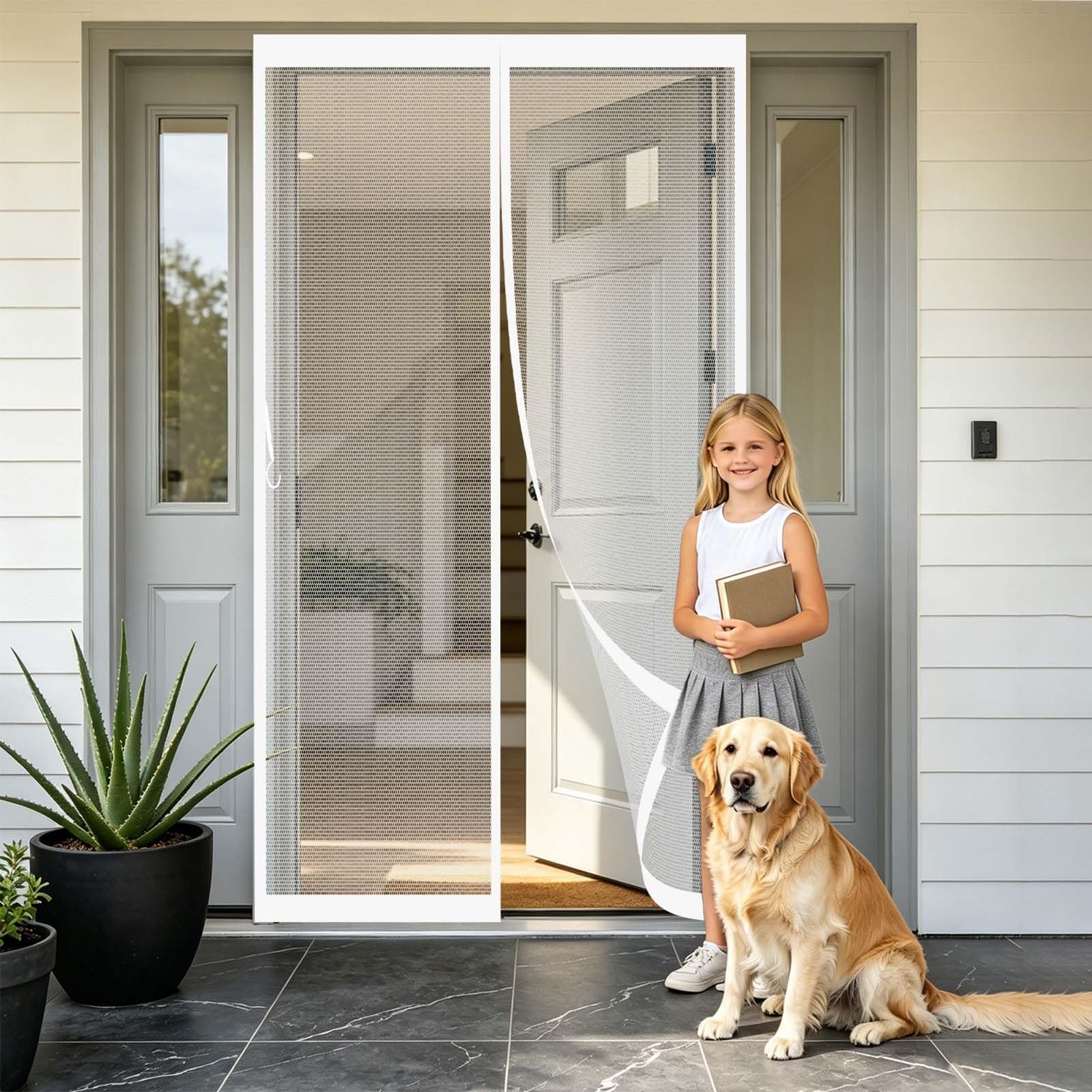 Guoyfen White Magnetic Screen Door 108 X 193 Cm Full Frame Magic Tape, Magnet Silent Closure, No Punching Magnetic Door Screen Fly Curtains For Doors For Bedroom, Sliding,