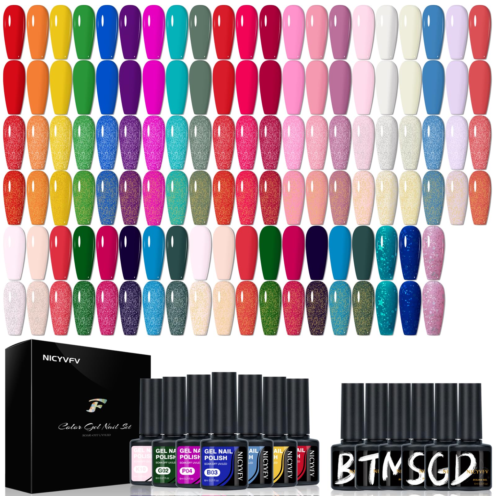 NICYVFV 38 PCS Gel Nail Set, 32 Colors Gel Polish Set Neon Pastel Shades, with Gold Silver Glitter and Glossy Matte Top Coat, Base Coat Builder gel,
