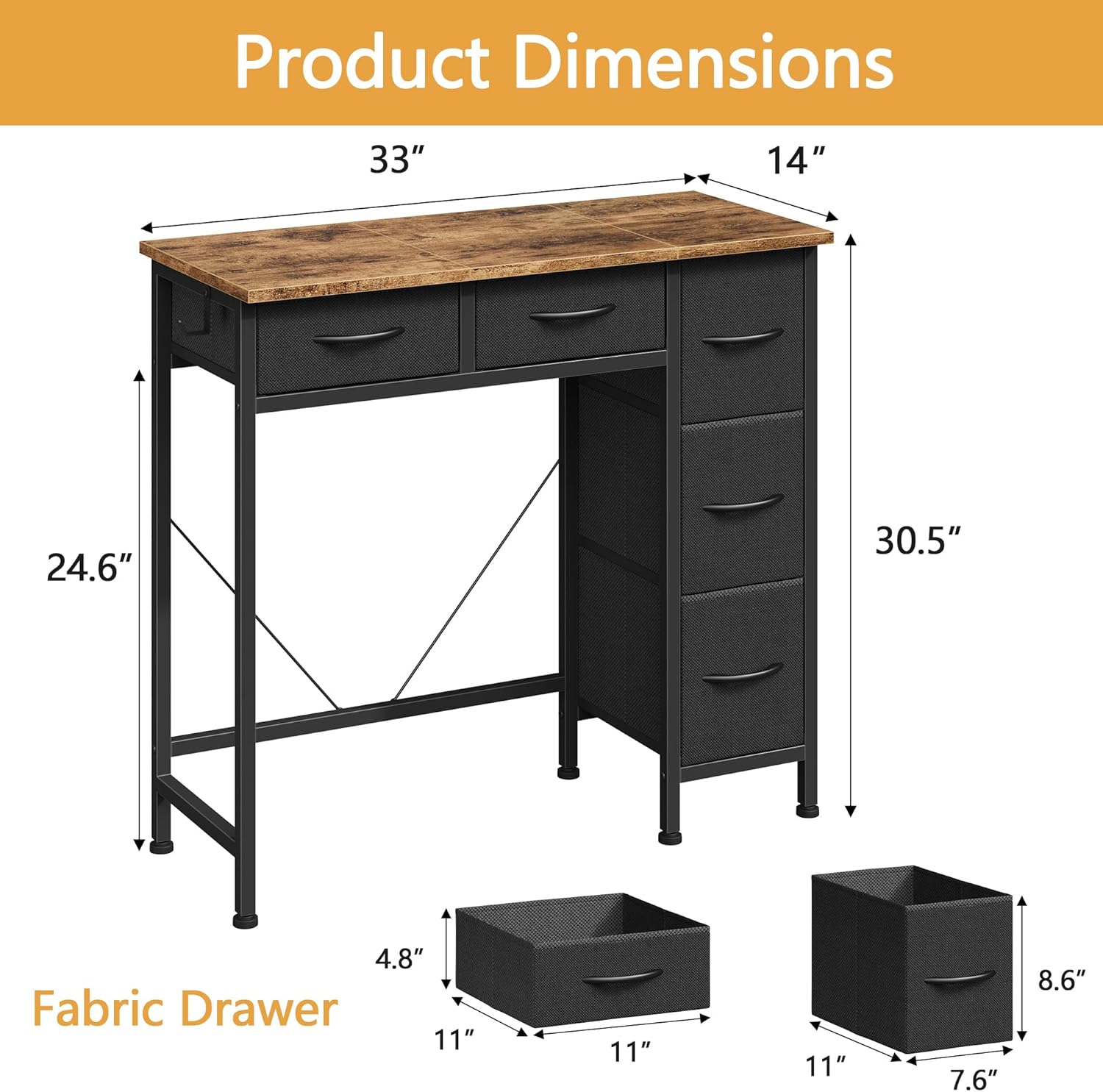 Small Desk with 5 Fabric Drawers, 33 Inch Writing Desk for Home Office, Simple PC Desks for Small Place, Kids Girls Teen Study Table Vanity for Bedroom, Dorm, Rustic Brown, 14" D
