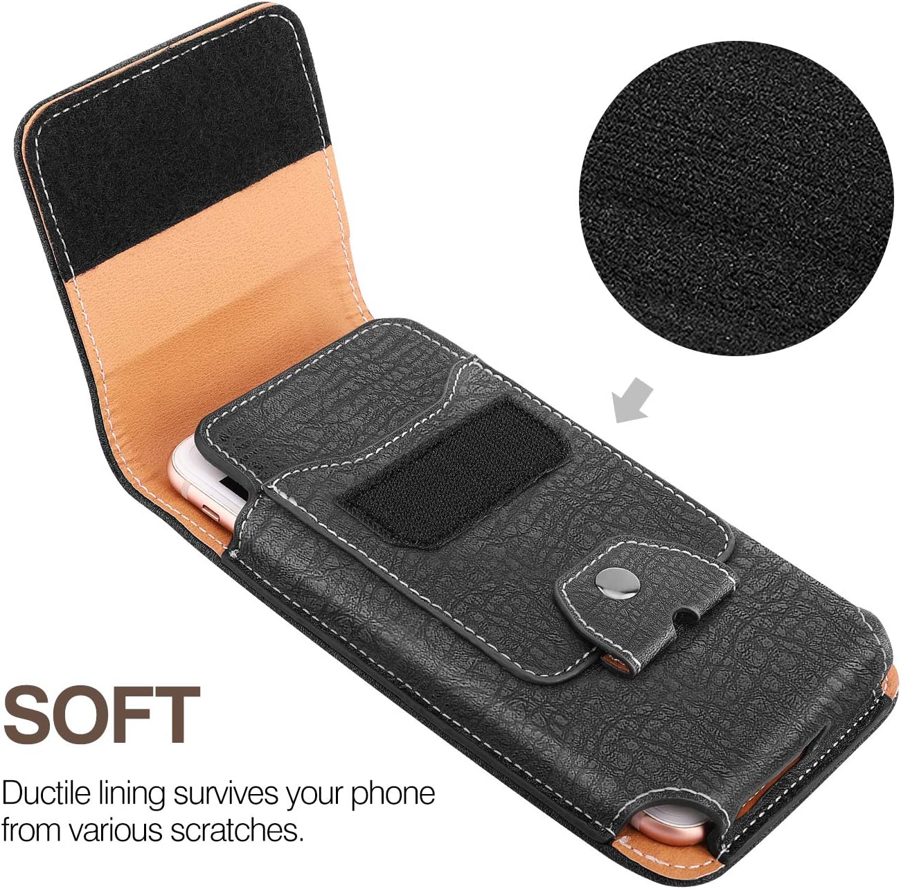 MoKo Phone Holster 6.5" PU Leather Belt Loop Case Pouch Cover with Carabiner + Card Slot Fit iPhone SE 3 2022/13 mini/13/13 Pro/12 Mini/12/iPhone 12 Pro, iPhone SE 2020, Galaxy S20, Black