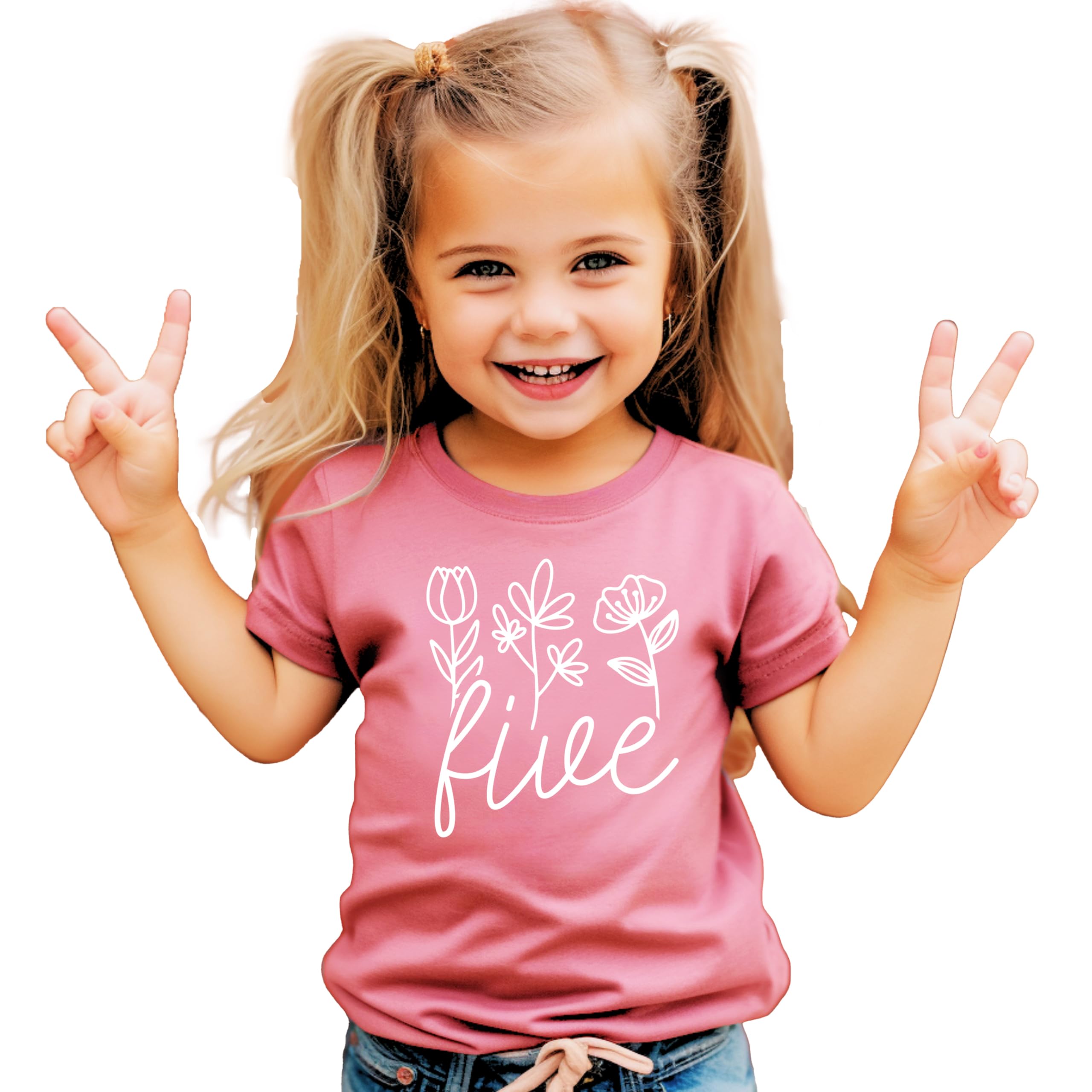 Five Floral 5th Birthday Shirt for Toddler Girls Fifth Birthday Outfit White on Mauve Shirt 4T