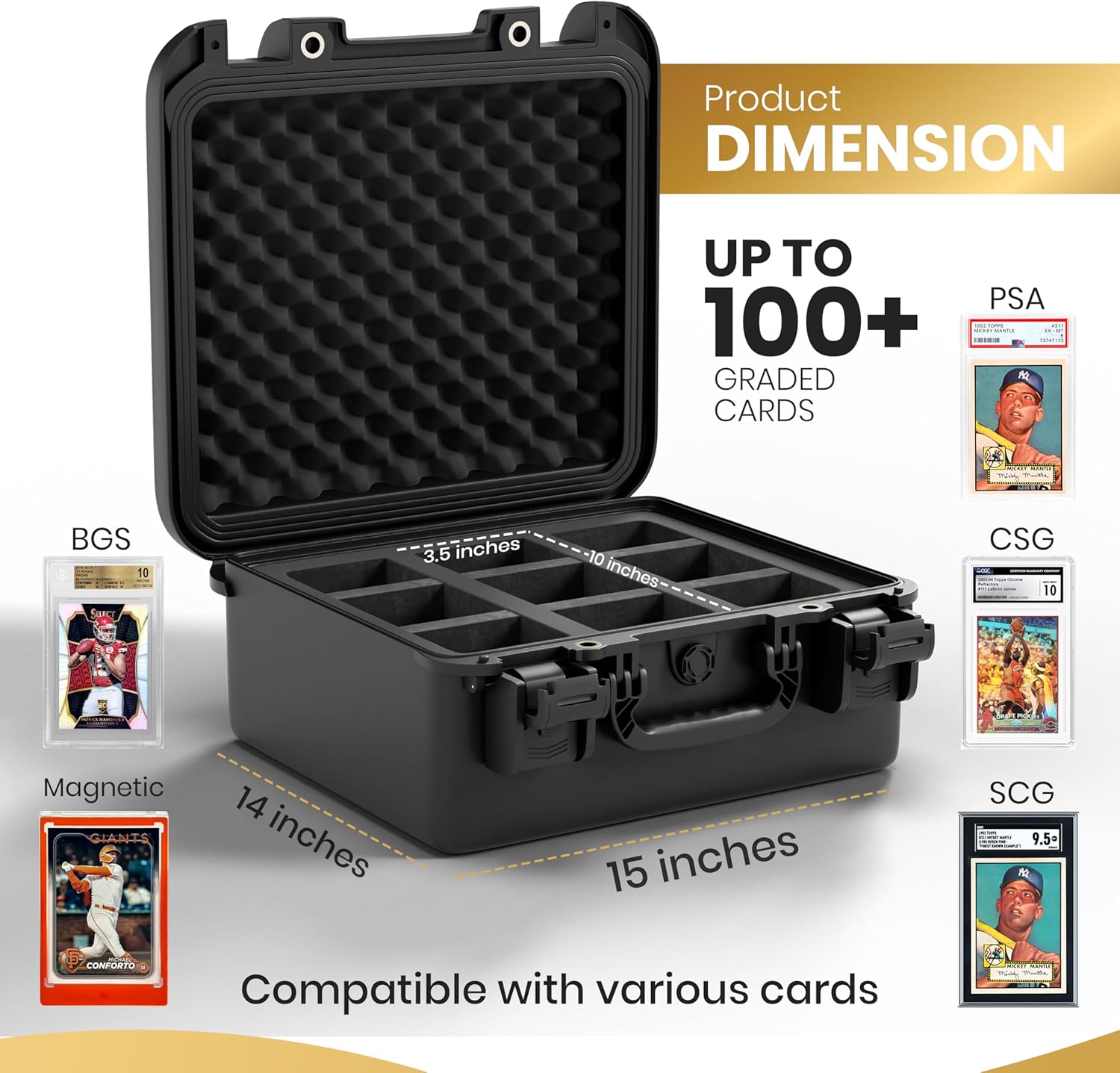 Trading Card Storage Box - Graded Card Case for PSA, BGS & CGC Slabs - Includes 100 Top Loaders & 100 Penny Sleeves - Collector Storage for Sports & Trading Cards