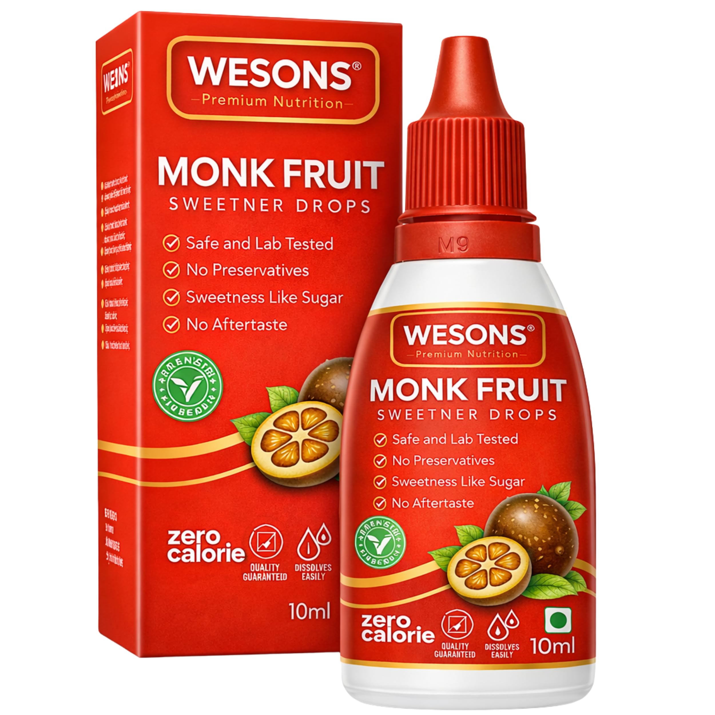 Wesons Pure Monk Fruit Sweetner Extract Liquid Organic (10 ML) - 100x Sweeter Than Sugar - No Erythritol, No Chemicals - 100% Pure Monk Fruit Drops - Monk Fruit Sugar Liquid