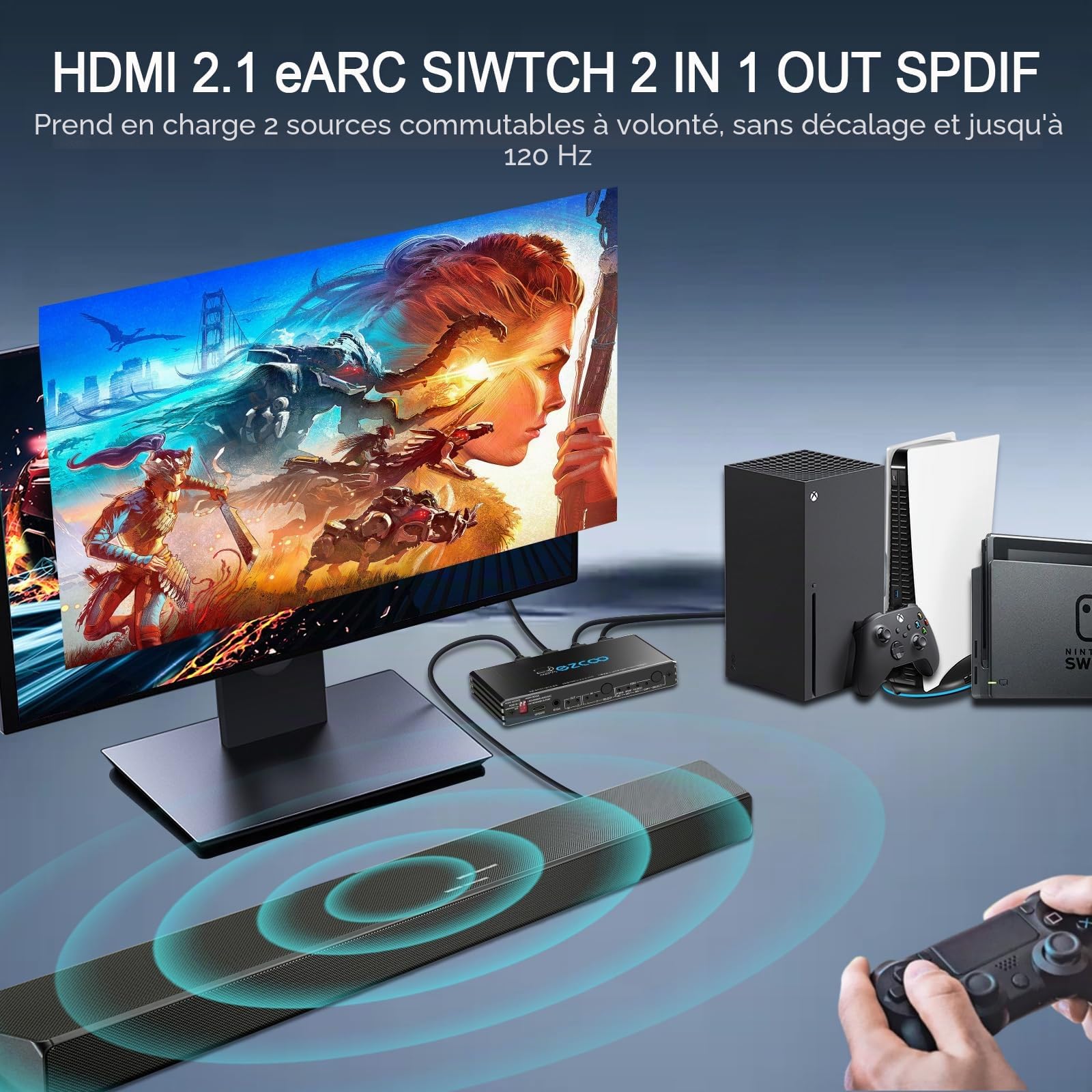 8K@60Hz 4K@120Hz HDMI 2.1 eARC Audio Extractor 2 en 1 Out HDMI Switch eARC 7.1Ch,ARC SPDIF 5.1Ch,VRR, ALLM, HDCP 2.3, HDR10, CEC compatible avec PS5, Xbox, AMD IR Remote Control EDID Management