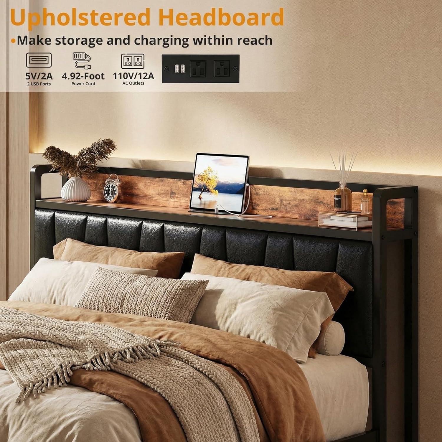 LIKIMIO California King Bed Frame with 4 Storage Drawers, Platform Bed with Charged Headboard, Sturdy and Stable, No Noise, No Box Spring Needed, Easy to Install, Vintage Brown and Black