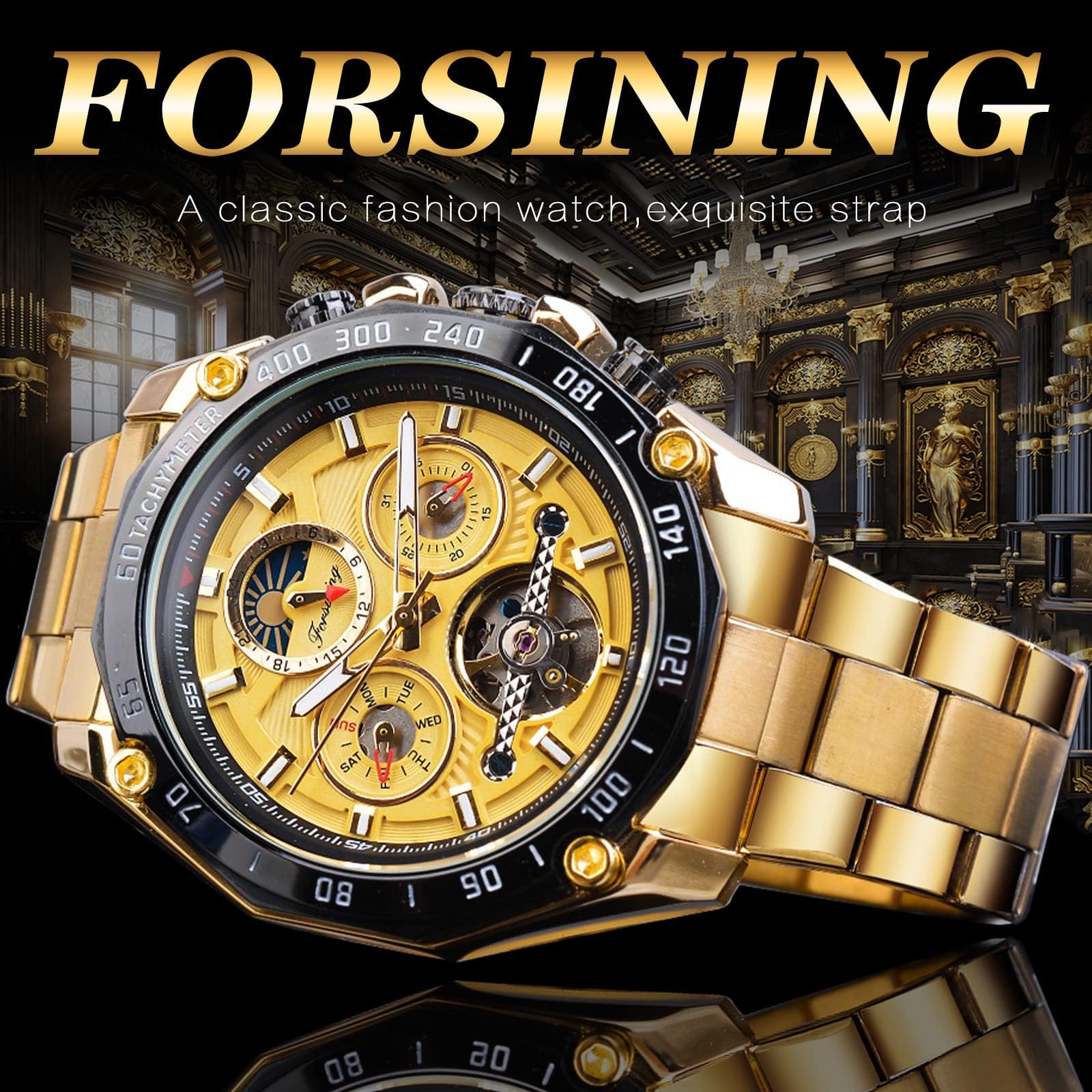 Forsining Tourbillon Herrenarmbanduhr, automatisch, mechanisch, selbstaufziehend, luxuriös, Mondphase, Edelstahl, 44 mm, großes schwarzes Zifferblatt, Goldfarben, Mechanisch